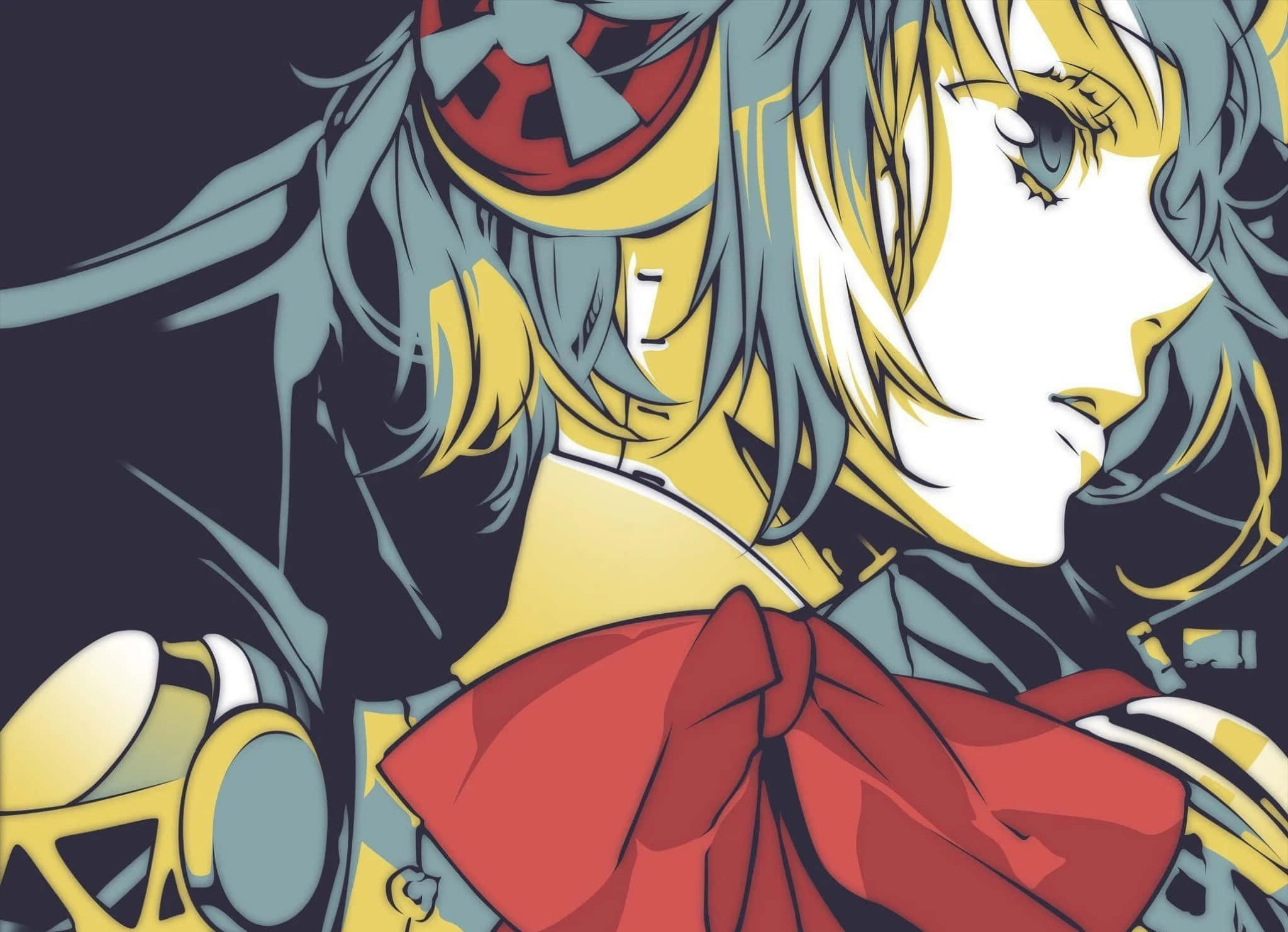 動漫女孩 桌布 壁紙 — 一個風格化的動漫女孩，藍黃色頭髮，戴著紅色蝴蝶結和護目鏡，背景為深色。