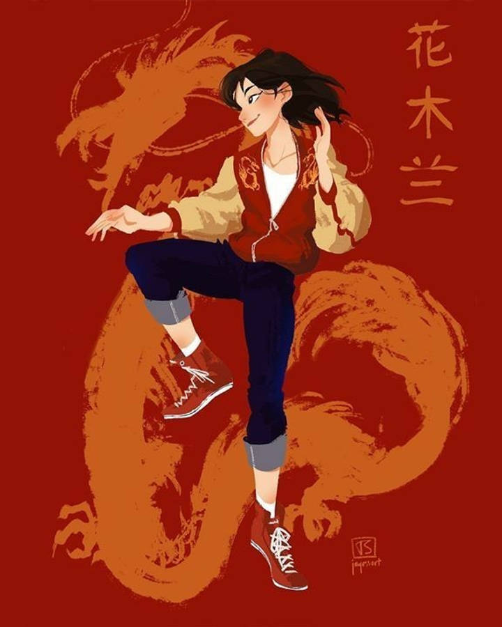 Mulan 桌布 壁紙 — 一個風格化的動漫女孩，身穿紅色外套和運動鞋，在深紅色背景上對著火橙色龍的剪影擺出動態姿勢。