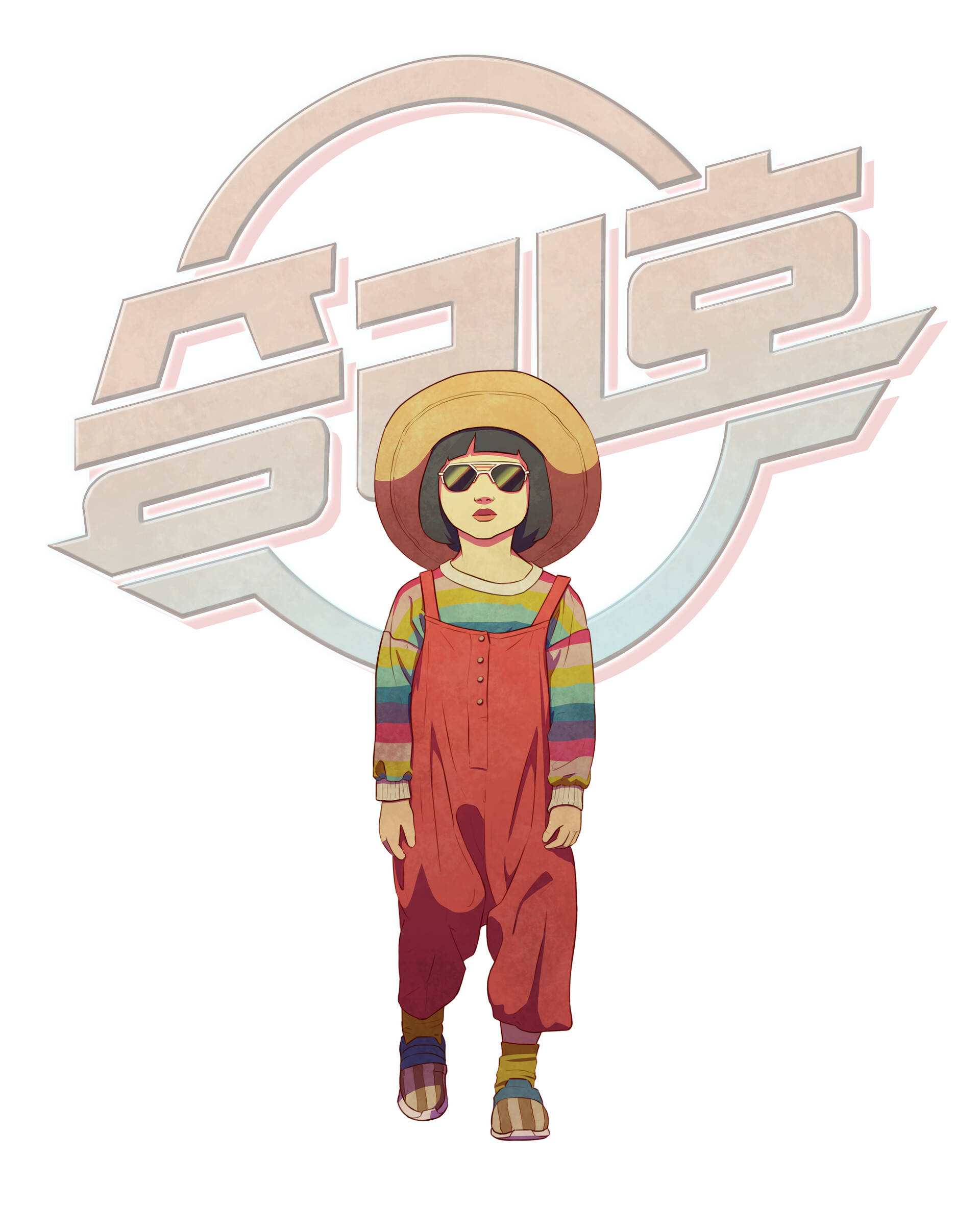 Space Sweepers 桌布 壁紙 — 一個風格化的動漫女孩，身穿紅色工裝褲和太陽眼鏡，站在一個帶有柔和粉彩色的韓文文字標誌前。