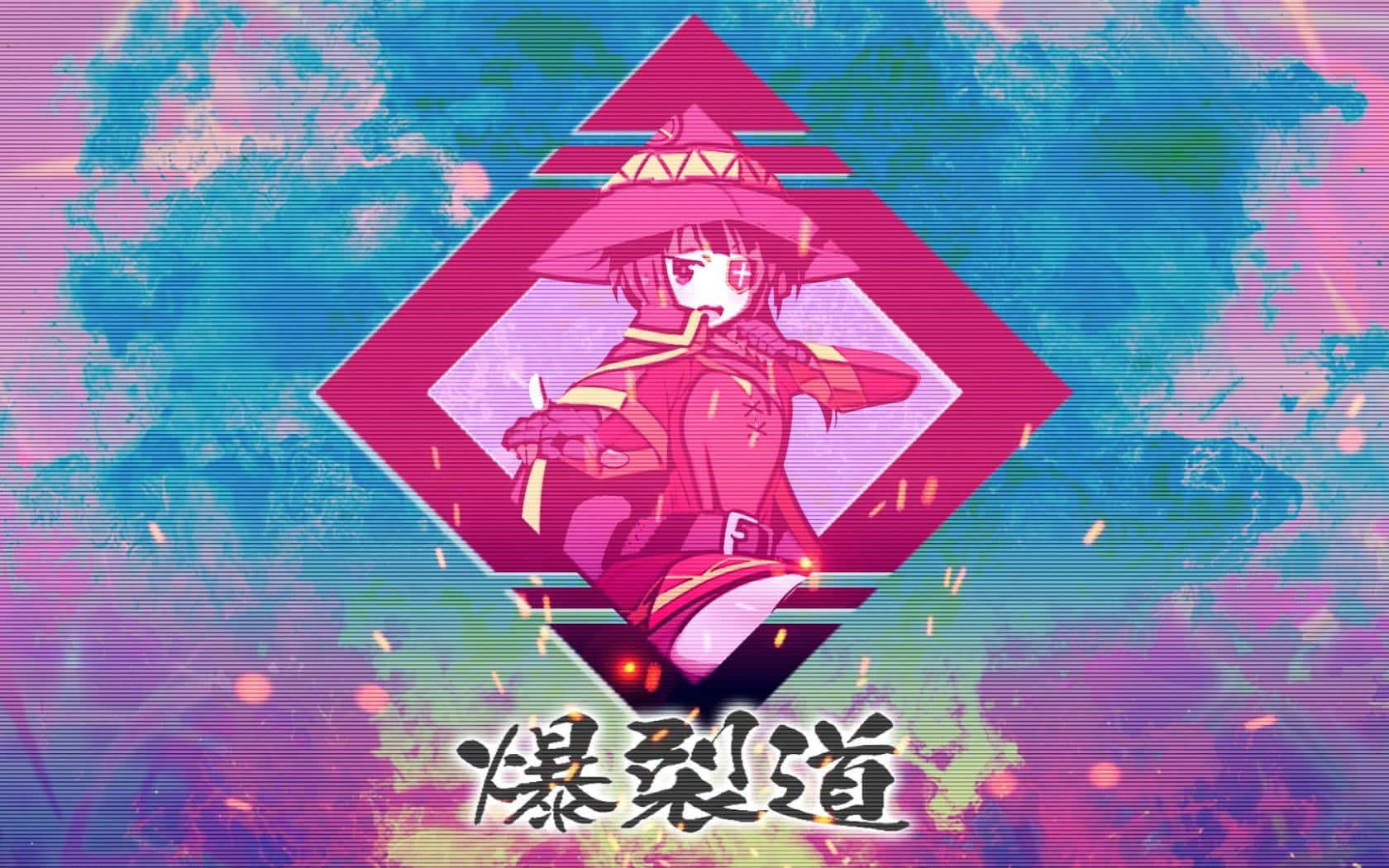 Cute Aesthetic Anime Desktop 桌布 壁紙 — 一個風格化的動漫女孩，身穿紅色服裝和寬邊帽，站在一個發光的粉紅色鑽石內，背景是故障風格的青色和洋紅色。