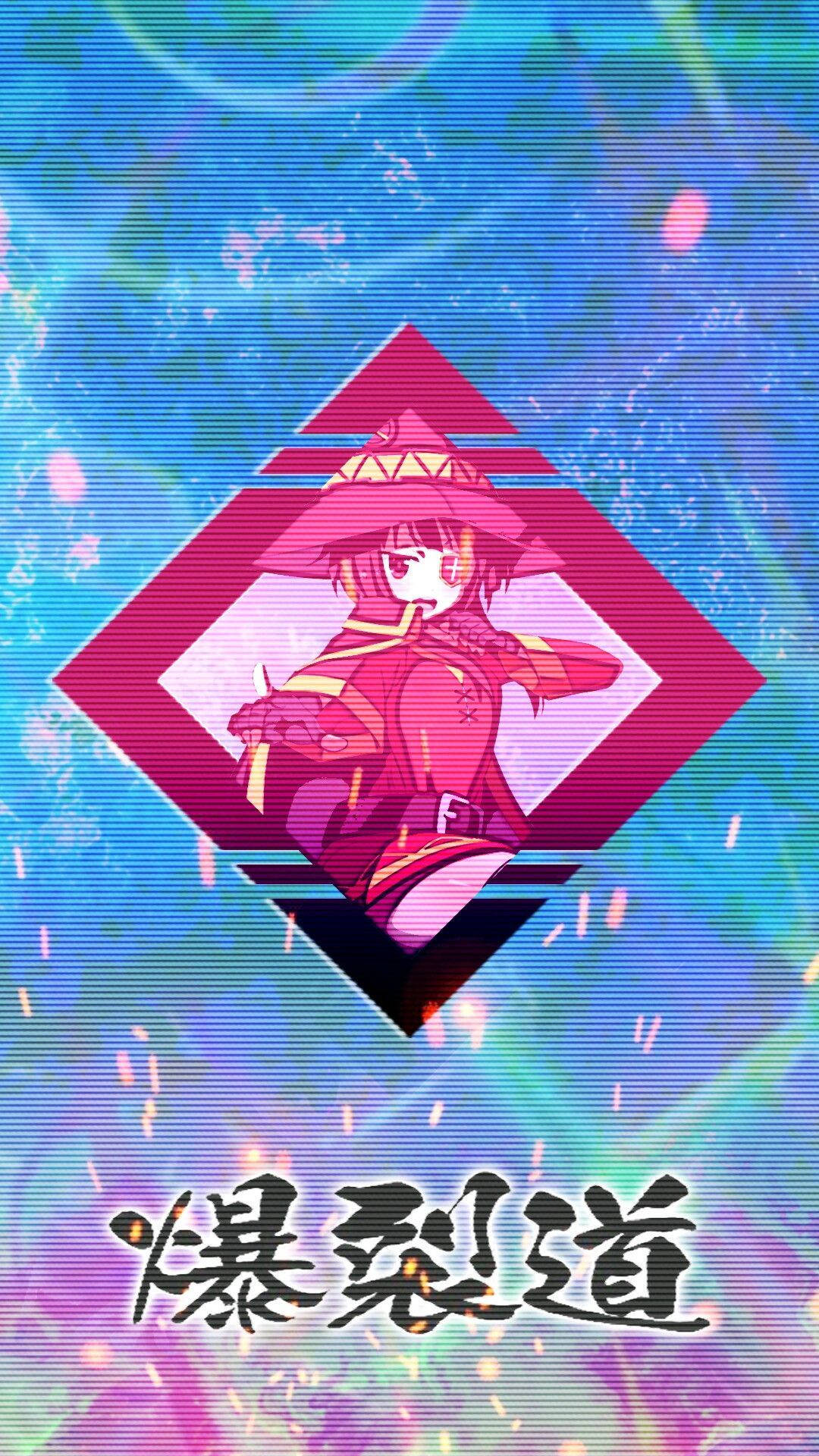 動漫 桌布 壁紙 — 一個風格化的動漫女孩，身穿紅色服裝和帽子，站在發光的粉紅色鑽石內，背景是帶有故障效果的藍色和紫色，並有漂浮的火花。