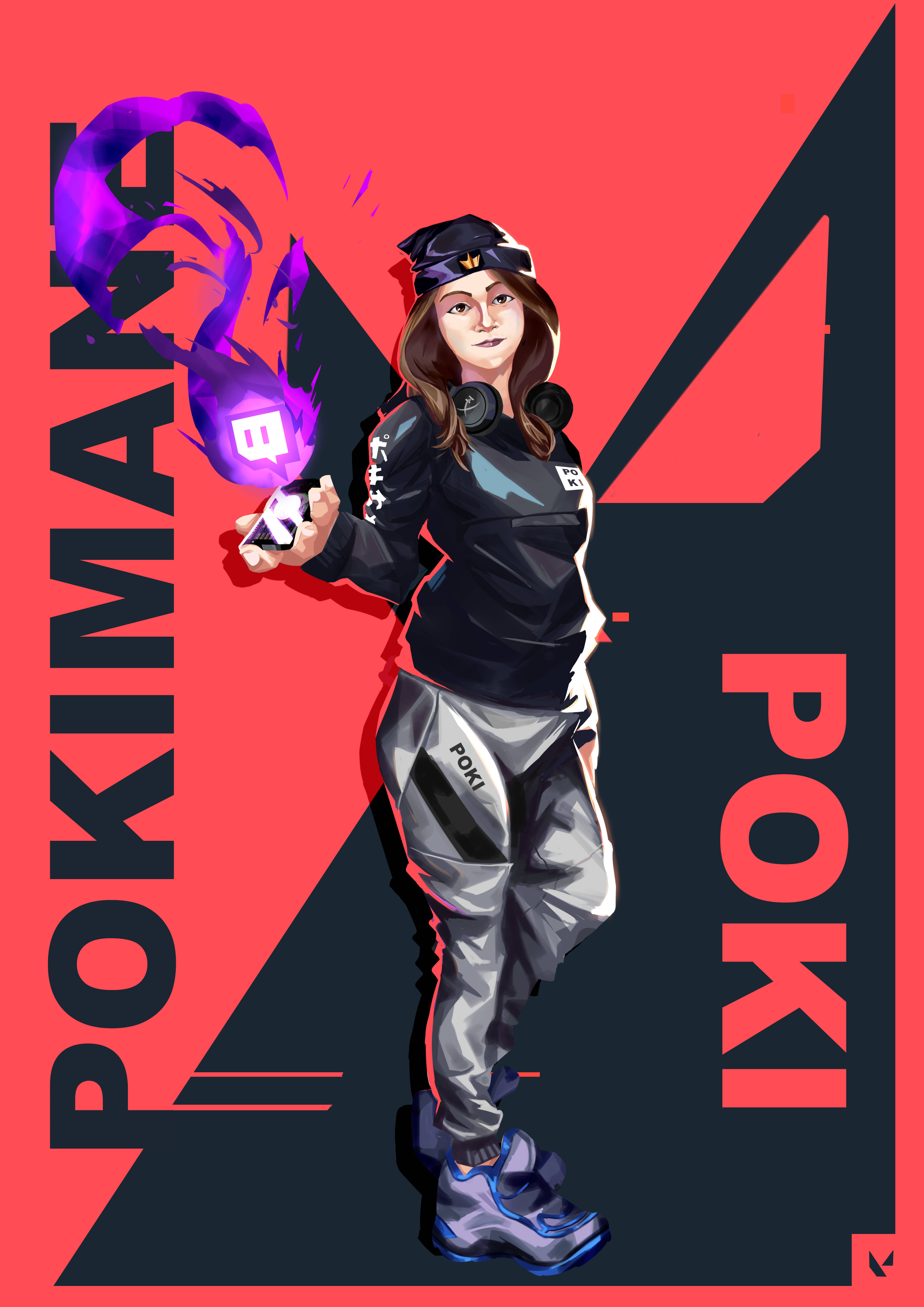 pokimane 桌布 壁紙 — 一個風格化的動漫女孩，身穿黑色和灰色裝備，在鮮明的紅色和黑色幾何背景前，手持發光的紫色精靈球。
