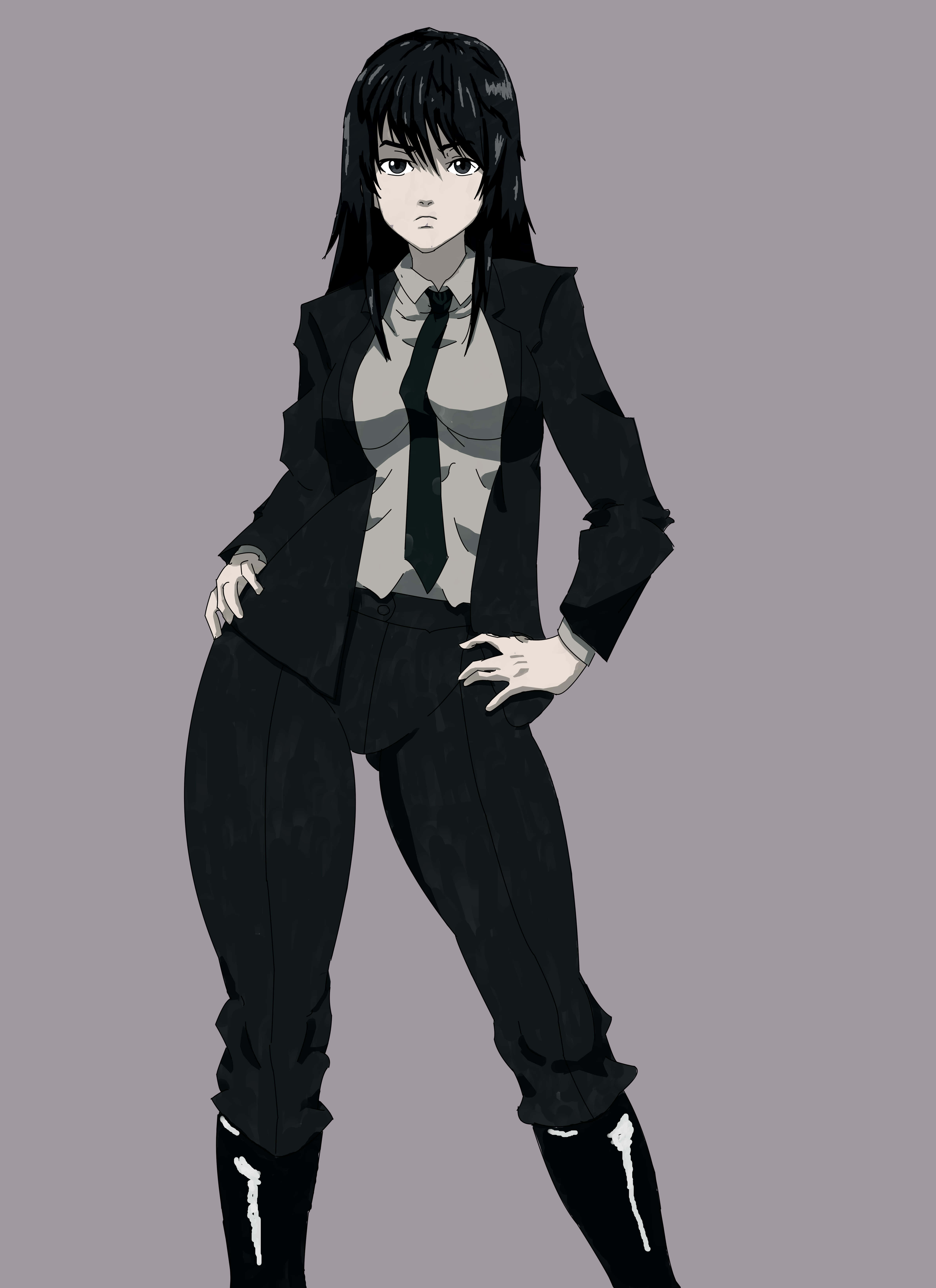 Naomi Misora 桌布 壁紙 — 一個風格化的動漫女孩，身穿黑色西裝和領帶，雙手叉腰，自信地站在純灰色背景前。