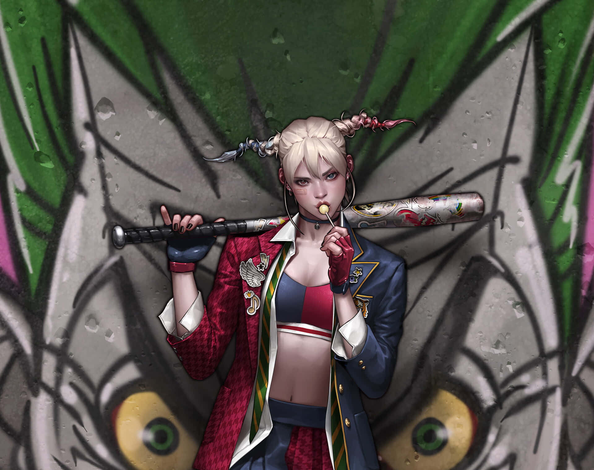 Harley Quinn Baseball Bat 桌布 壁紙 — 一個風格化的動漫女孩，金色雙馬尾，手持棒球棍，靠在一面有巨大眼睛的塗鴉牆上。