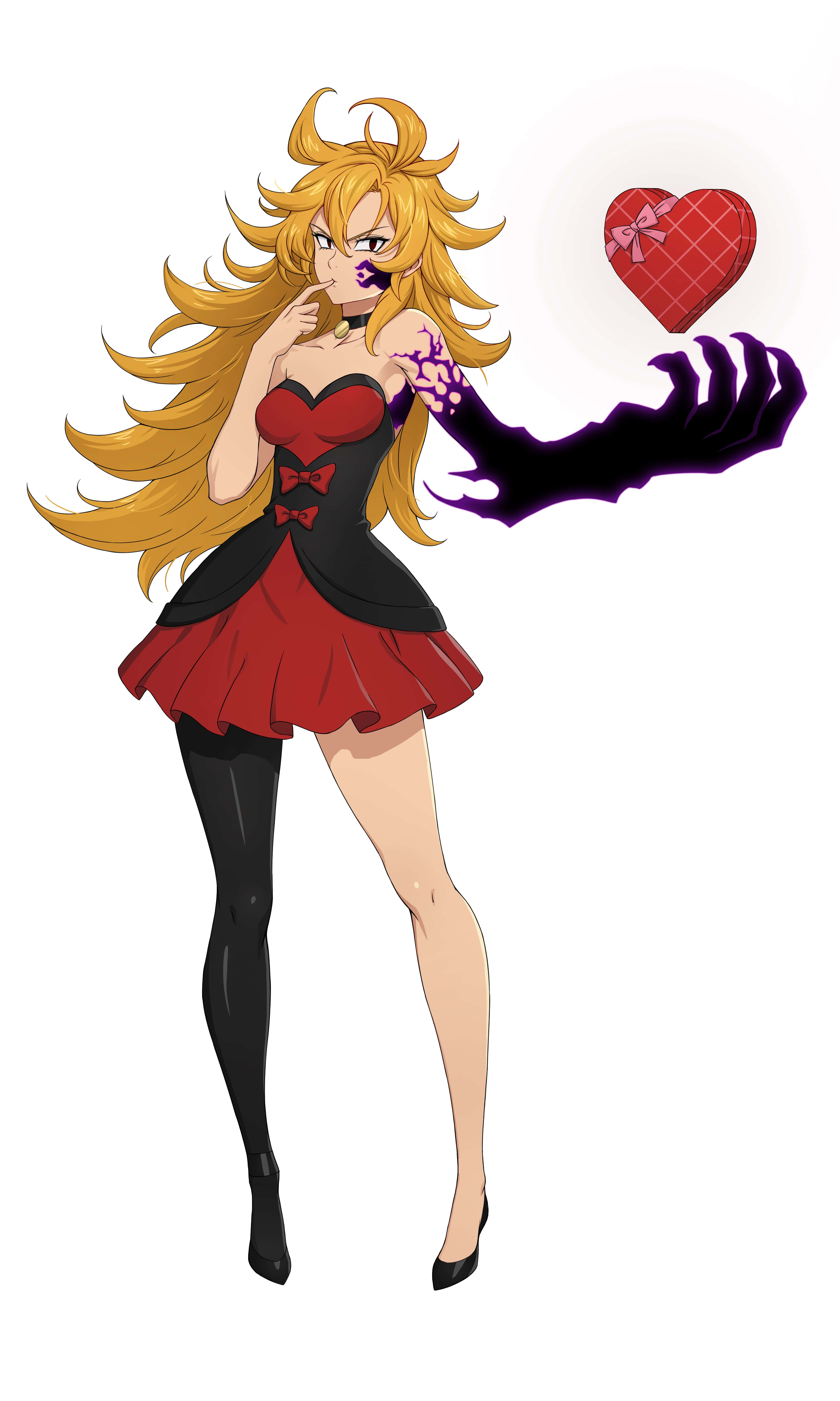 Seven Deadly Sins Derieri 桌布 壁紙 — 一個風格化的動漫女孩，金色頭髮，穿著紅色連衣裙，手持心形盒子，另一隻手發出黑暗能量。