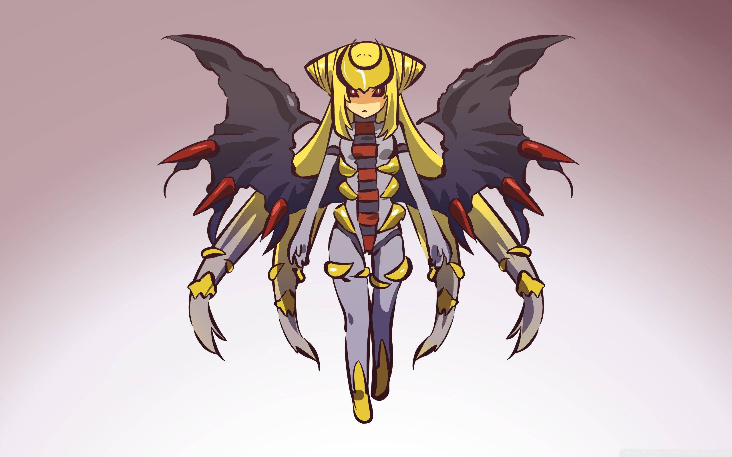 Giratina 桌布 壁紙 — 一個風格化的動漫女孩，金色頭髮和裝飾著紅色尖刺的深色蝙蝠翅膀，站在柔和的漸變背景前。