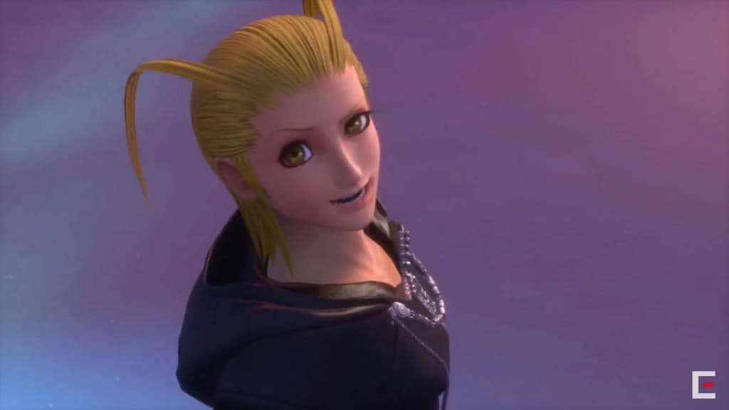 Kingdom Hearts Characters 桌布 壁紙 — 一個風格化的動漫女孩，金色馬尾辮和綠色眼睛，在紫色漸變背景上溫柔微笑。