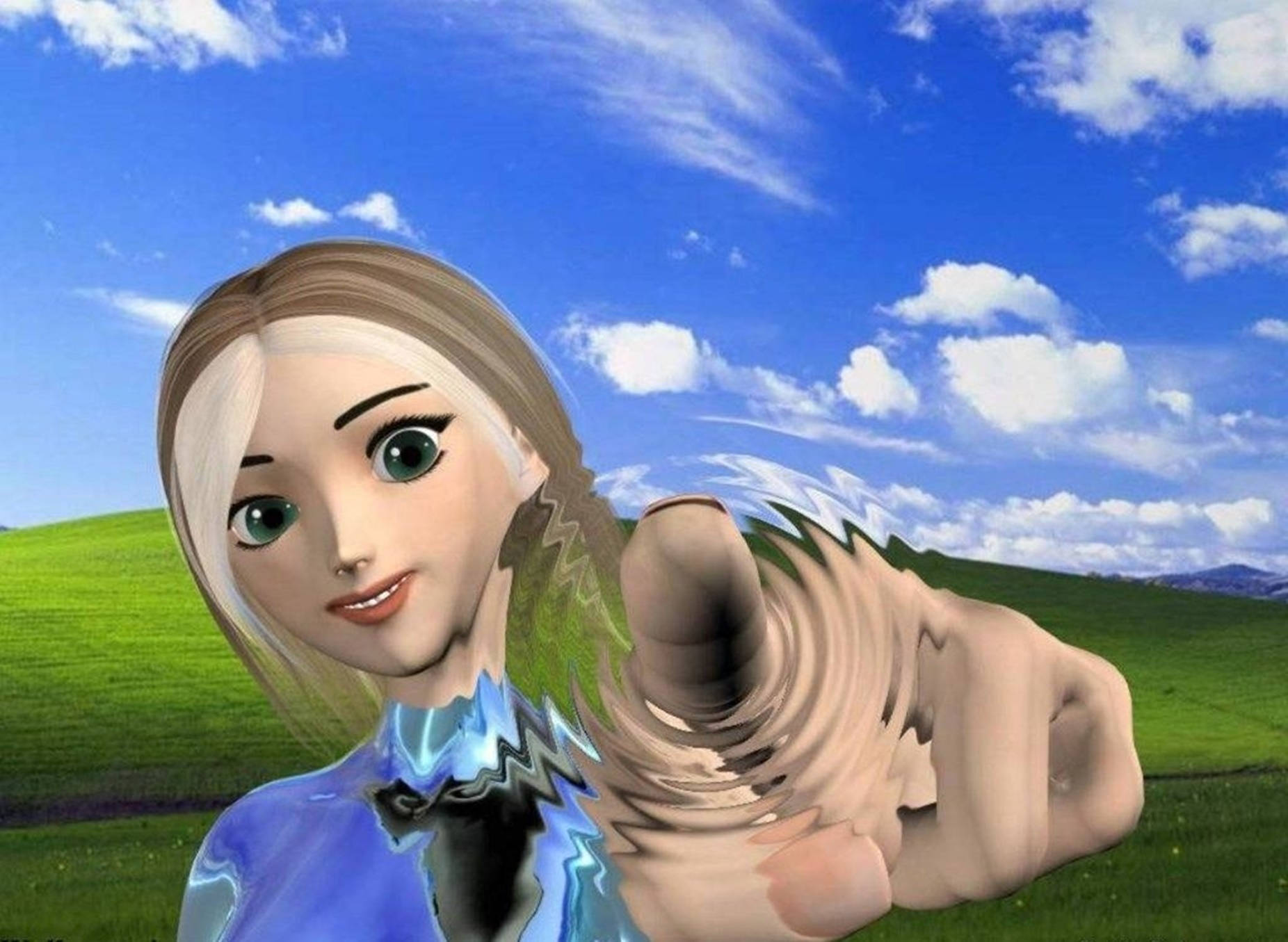 金發動漫女孩在藍天下的草地上指向觀看者。 — 3D 桌面 GIF 壁紙