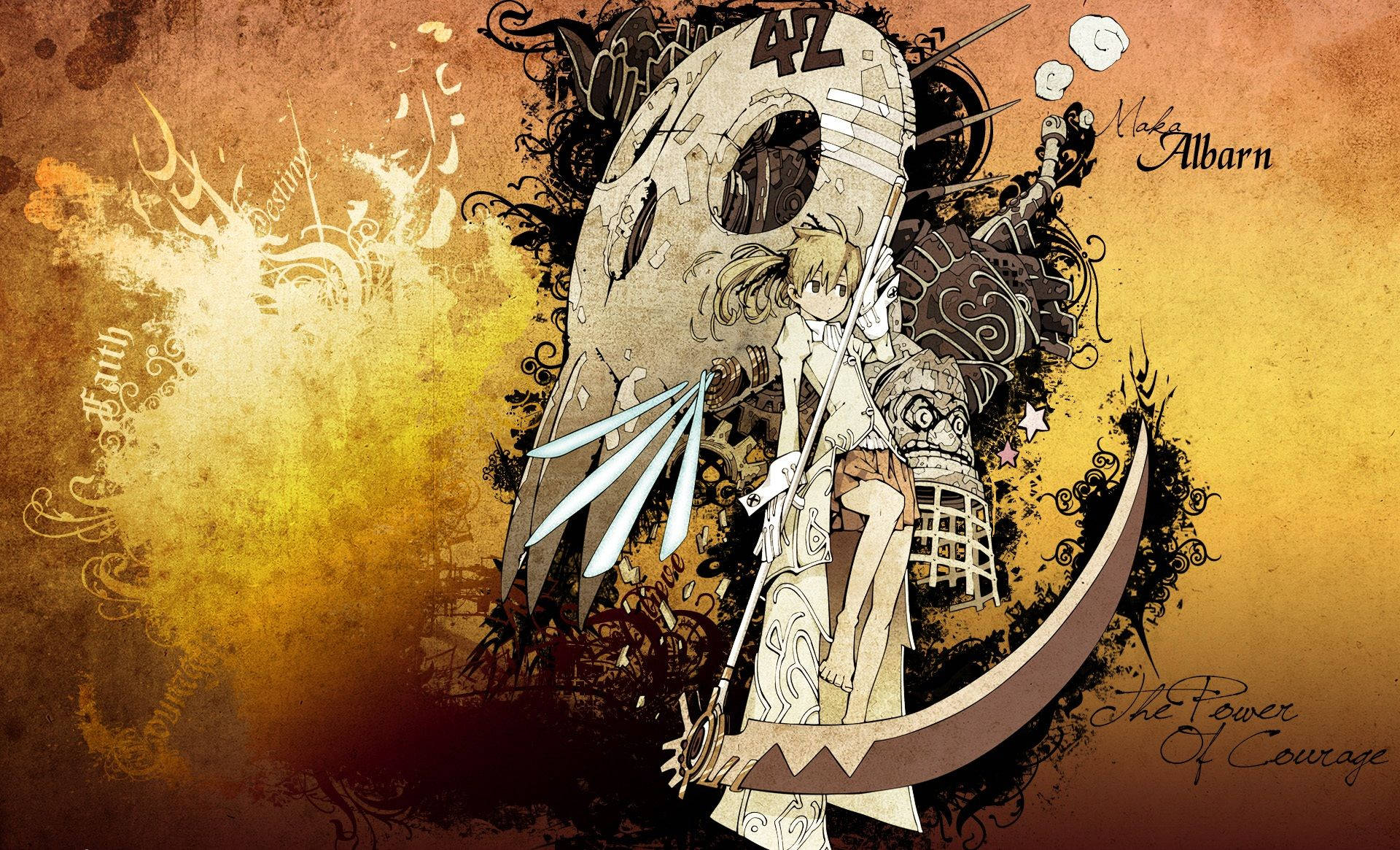Soul Eater 桌布 壁紙 — 一個風格化的動漫女孩，金髮，坐在新月上，手持劍，背景是帶有華麗漩渦和文字的金棕色紋理背景。