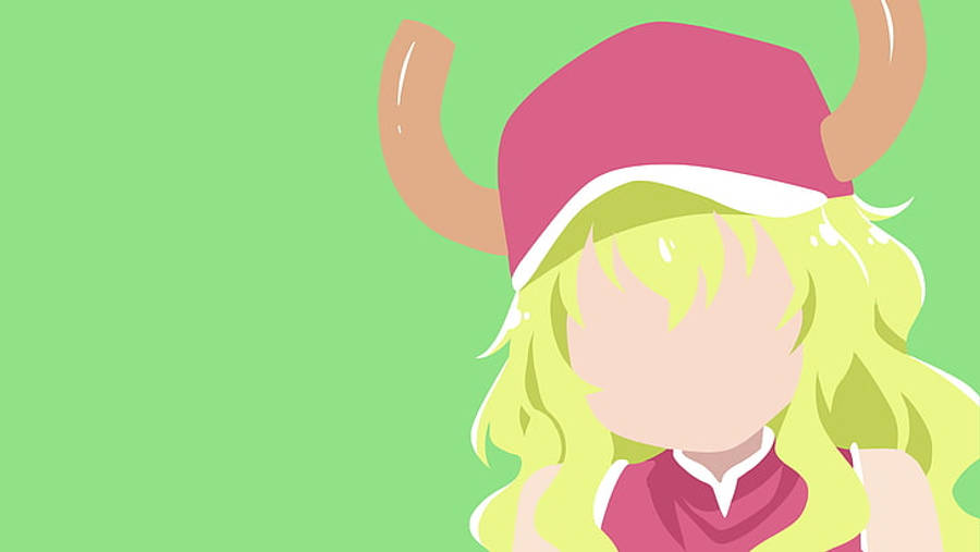 Lucoa 桌布 壁紙 — 一個風格化的動漫女孩，金髮，戴著粉紅色有角頭盔，背景是純綠色。