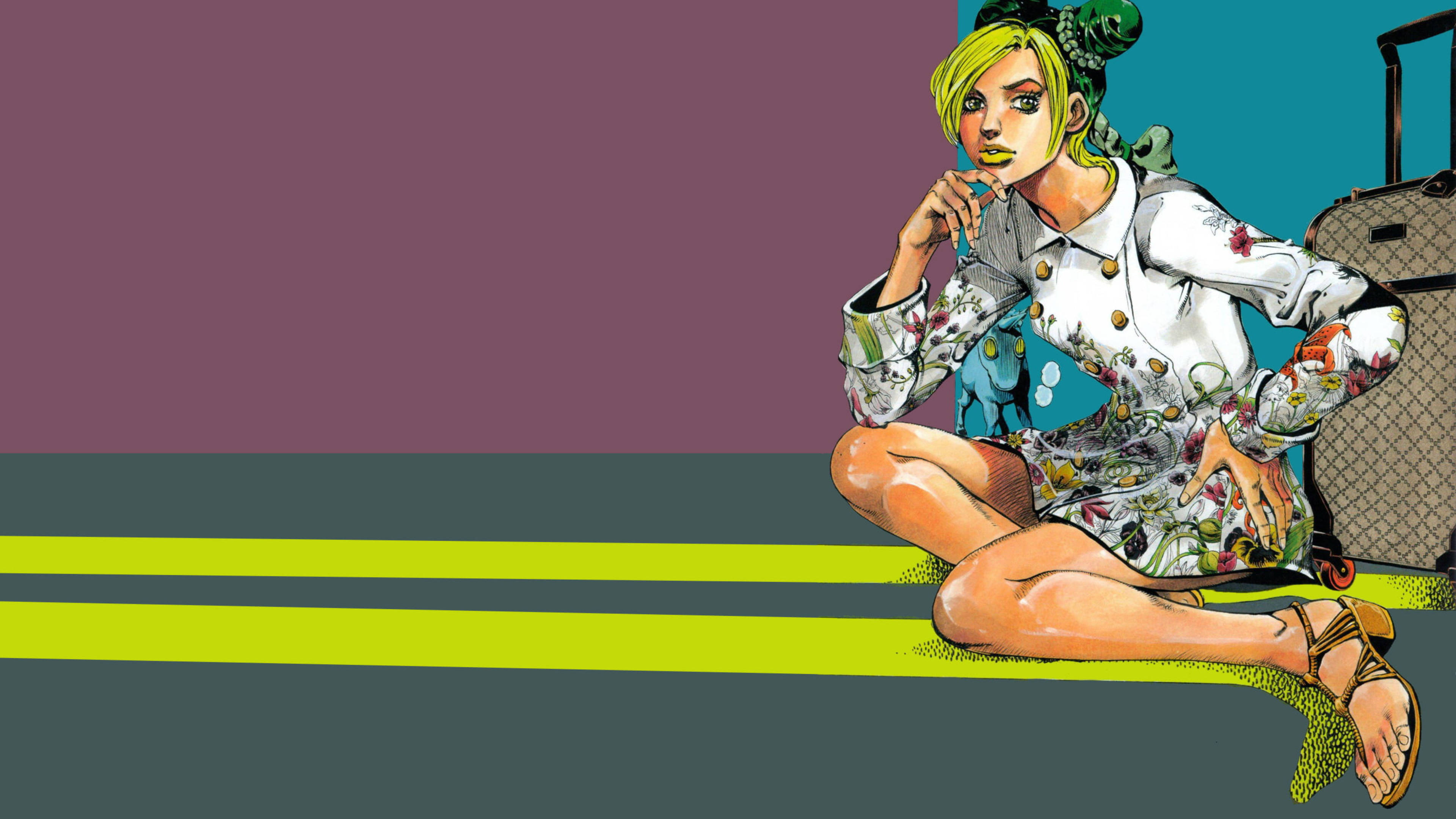 jojo 4K 桌布 壁紙 — 一個風格化的動漫女孩，金髮，盤腿坐在一條明亮的黃色線上，旁邊有一個行李箱，背景是紫色和藍綠色。