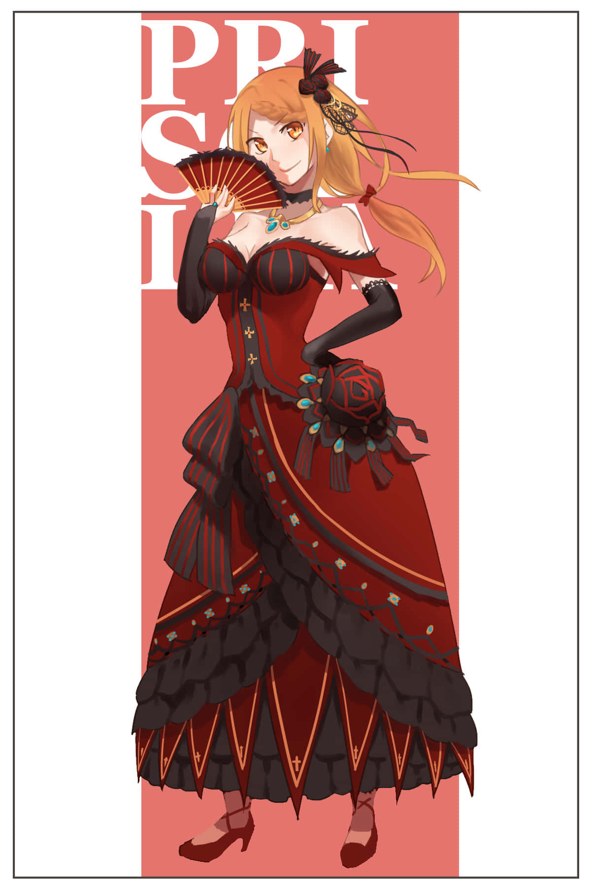 Priscilla Barielle 桌布 壁紙 — 一個風格化的動漫女孩，金髮，穿著紅黑維多利亞長袍，在粉紅色背景上拿著扇子，帶有部分文字。