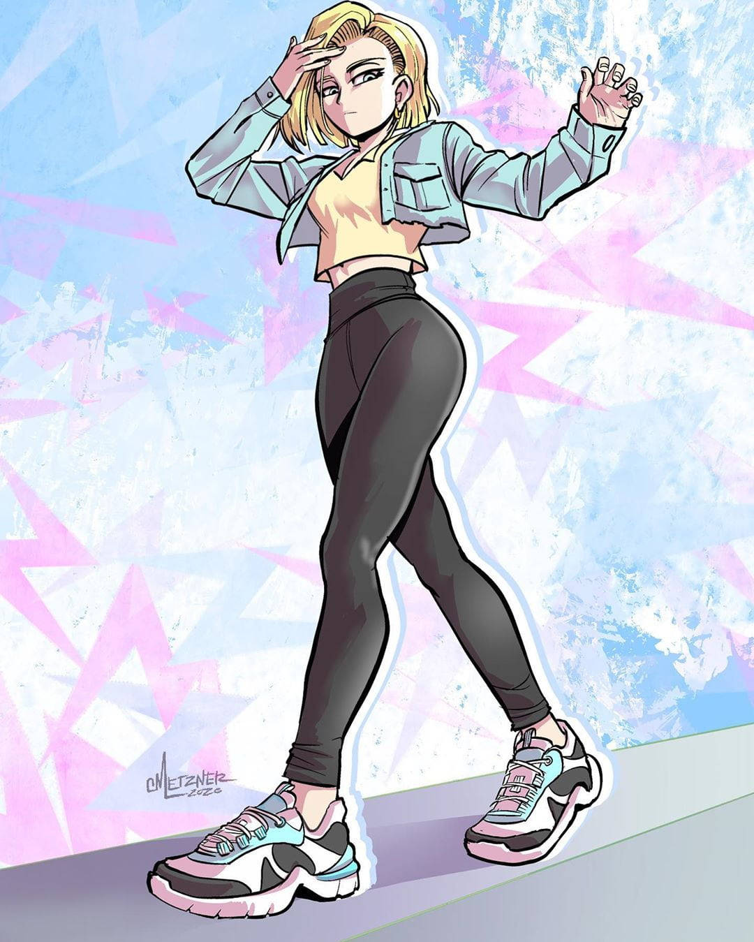 Blonde Woman 桌布 壁紙 — 一個風格化的動漫女孩，金髮，穿著運動服，在充滿活力的抽象背景前擺出自信的姿勢。