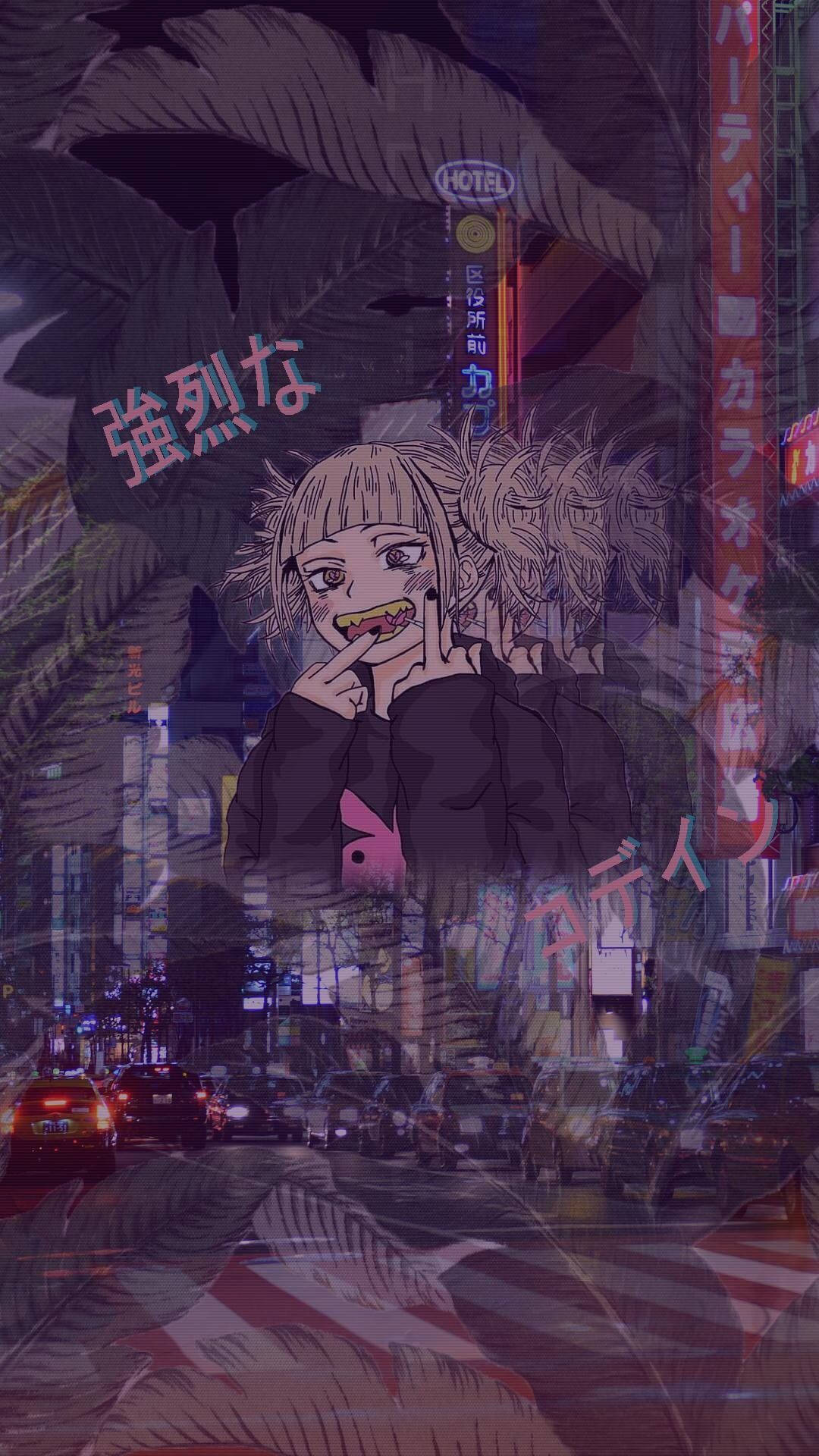 Edgy 桌布 壁紙 — 一個風格化的動漫女孩，金髮，連帽衫上有粉紅色的心，夜晚站在霓虹燈照亮的城市街道上，棕櫚葉覆蓋場景。