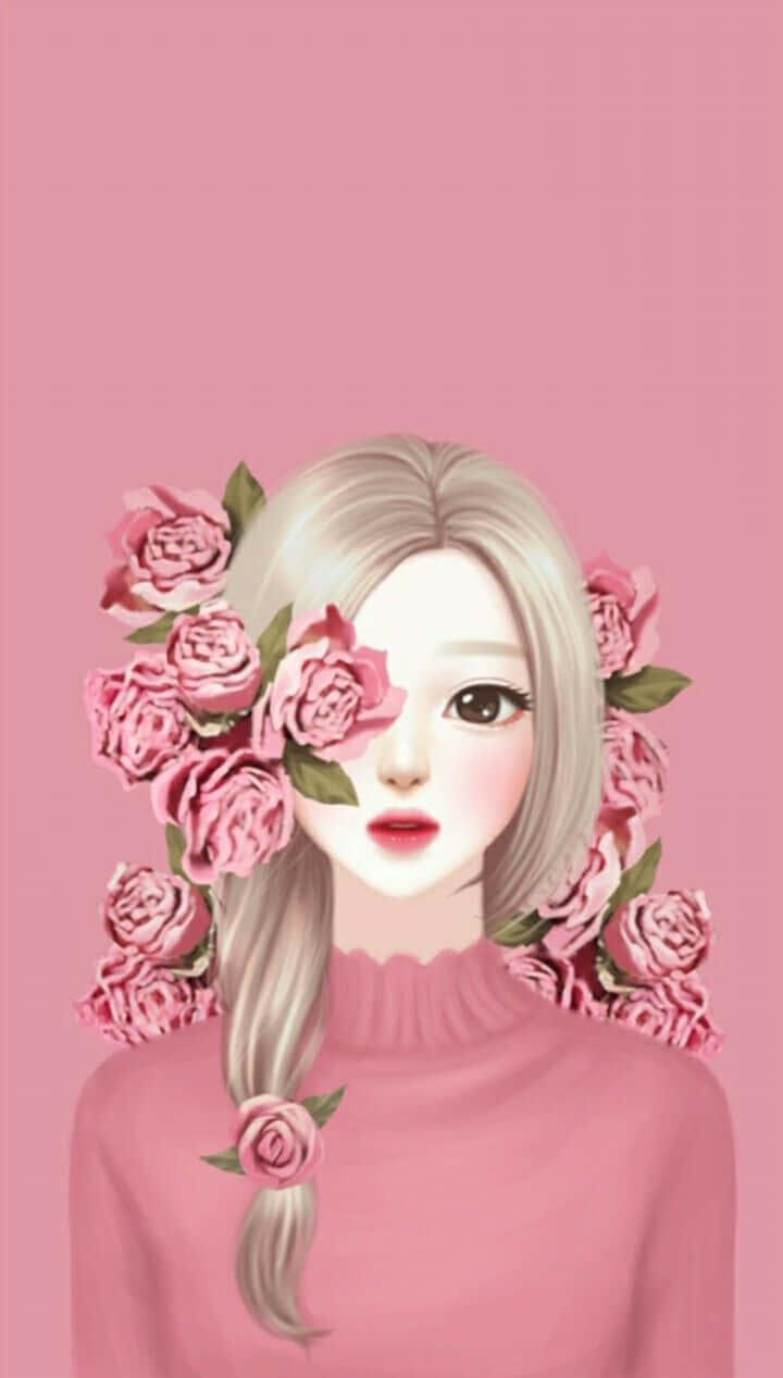 女孩 桌布 壁紙 — 一個風格化的動漫女孩，金髮上點綴著粉紅玫瑰，穿著相配的粉紅毛衣，背景是純粉紅色。