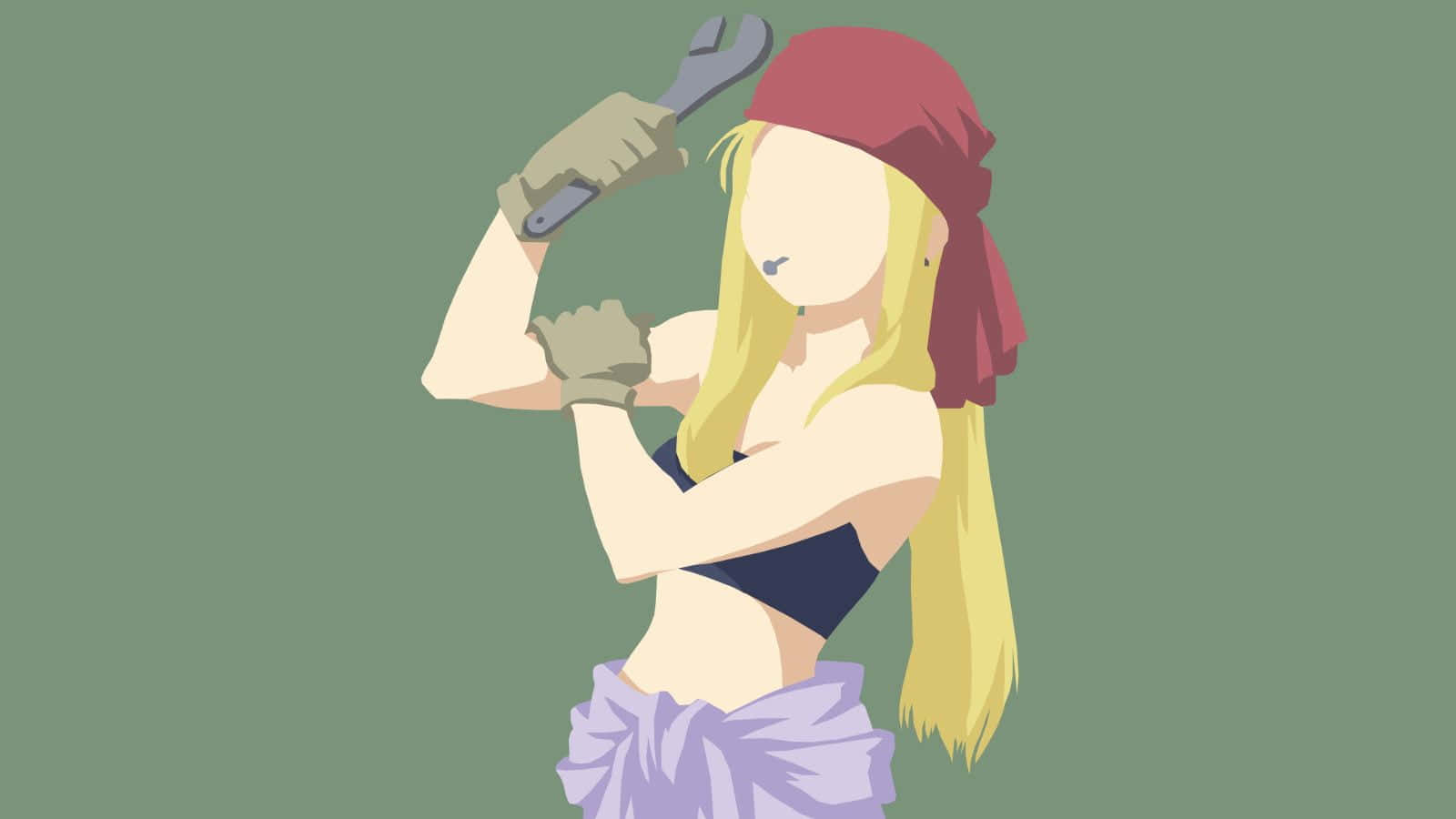 Winry Rockbell 桌布 壁紙 — 一個風格化的動漫女孩，金髮紅頭巾，在極簡綠色背景中揮舞扳手。