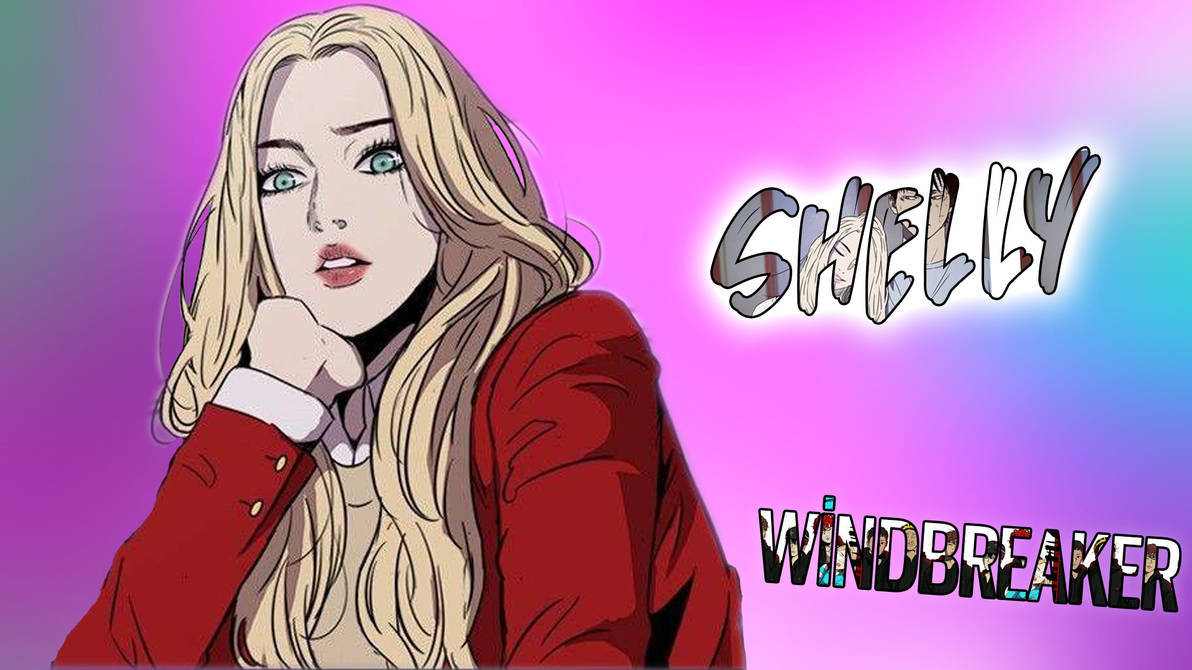 Wind 桌布 壁紙 — 一個風格化的動漫女孩，金髮藍眼，穿著紅色外套，背景是充滿活力的粉紅和藍色漸變。