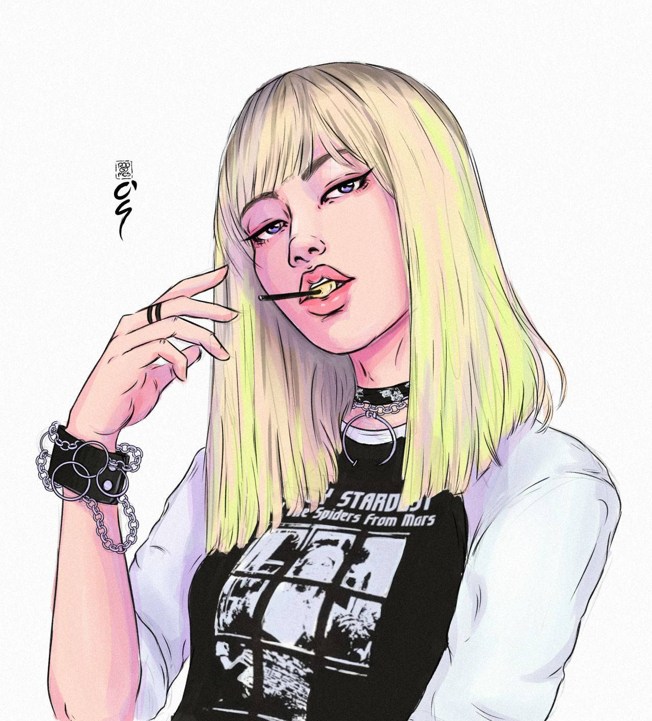 金髮動漫女孩抽煙，佩戴龐克飾品。 — Blackpink 動畫 GIF 壁紙