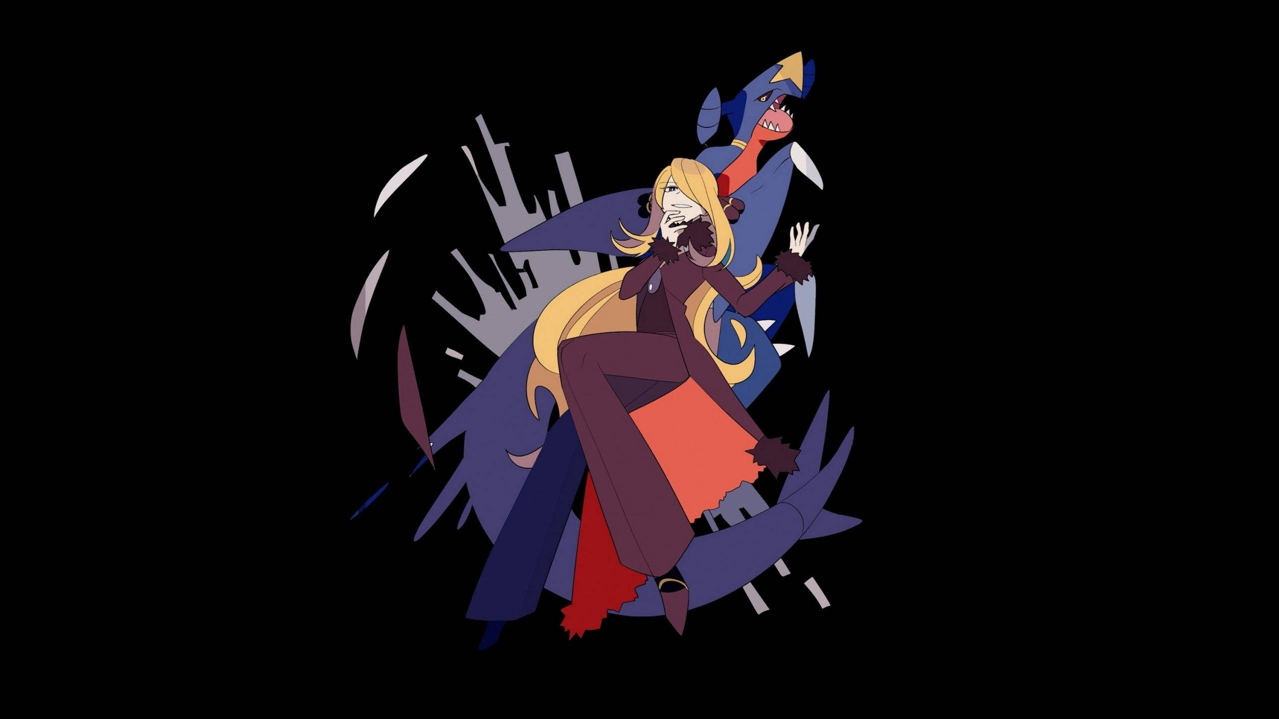 Garchomp 桌布 壁紙 — 一個風格化的動漫女孩，金髮藍色斗篷，騎著一條紅龍，背景是黑色帶白色碎片。