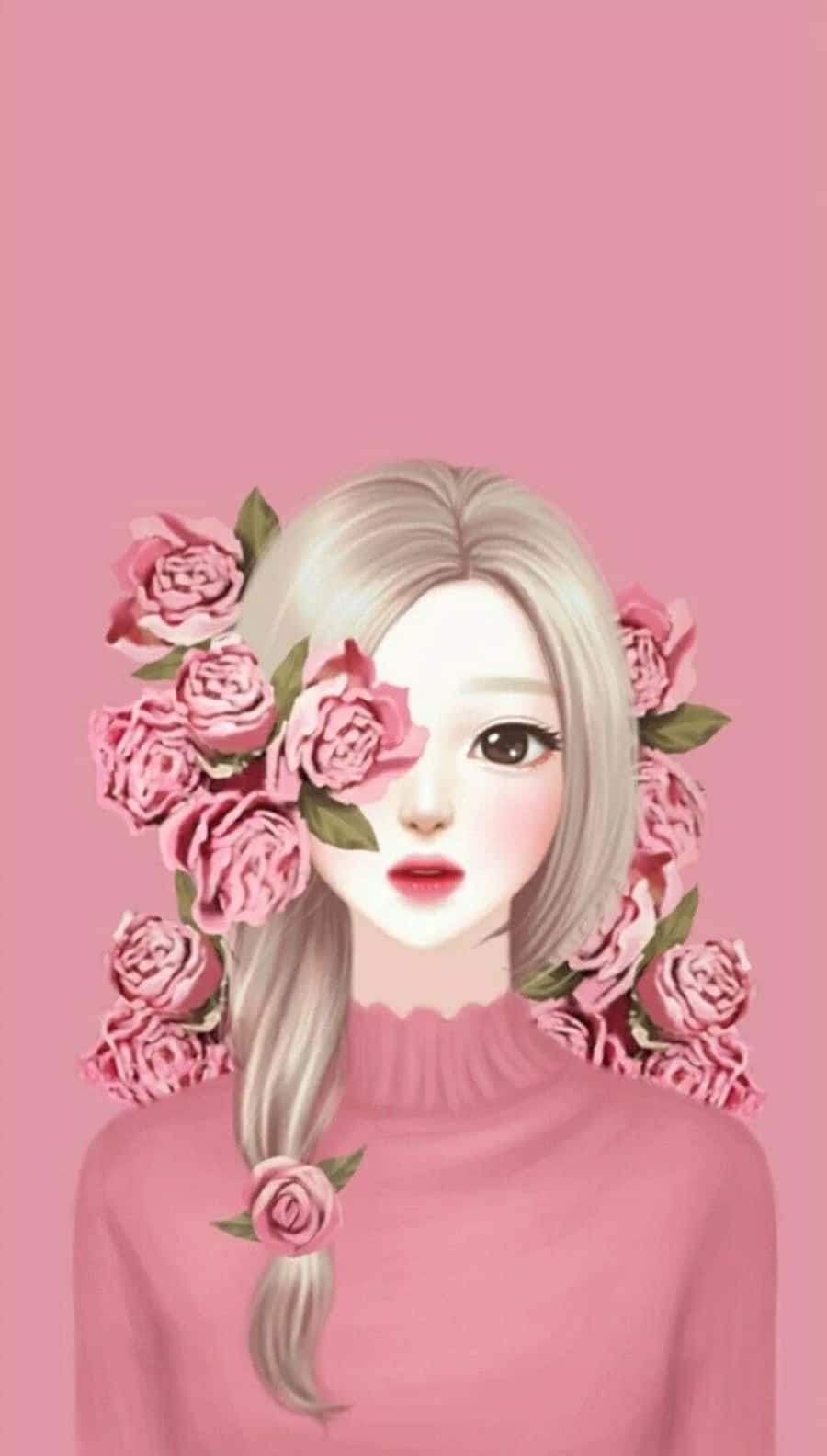 美學粉色GIF 桌布 壁紙 — 一個風格化的動漫女孩，銀色頭髮，頭上戴著粉紅玫瑰，毛衣上也有粉紅玫瑰，背景是純粉紅色。