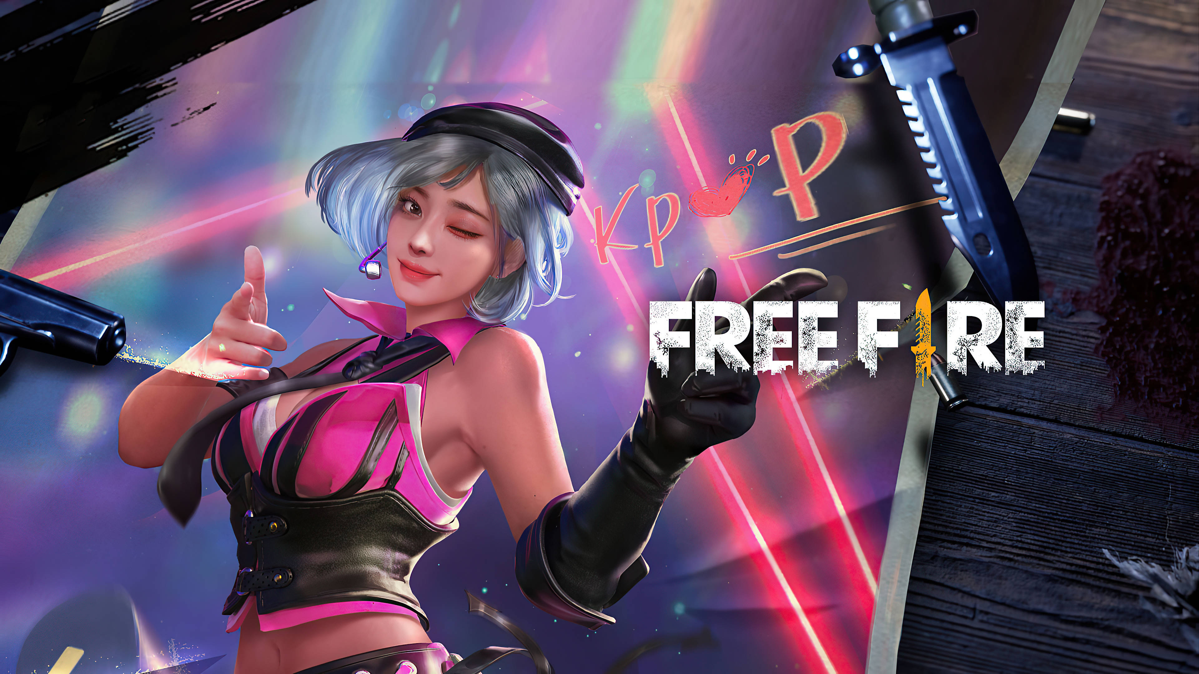 Free Fire 標誌 桌布 壁紙 — 一個風格化的動漫女孩，銀色頭髮，穿著粉紅色和黑色的服裝，在充滿活力的霓虹燈背景前自信地擺姿勢，背景中有Free Fire標誌和武器。