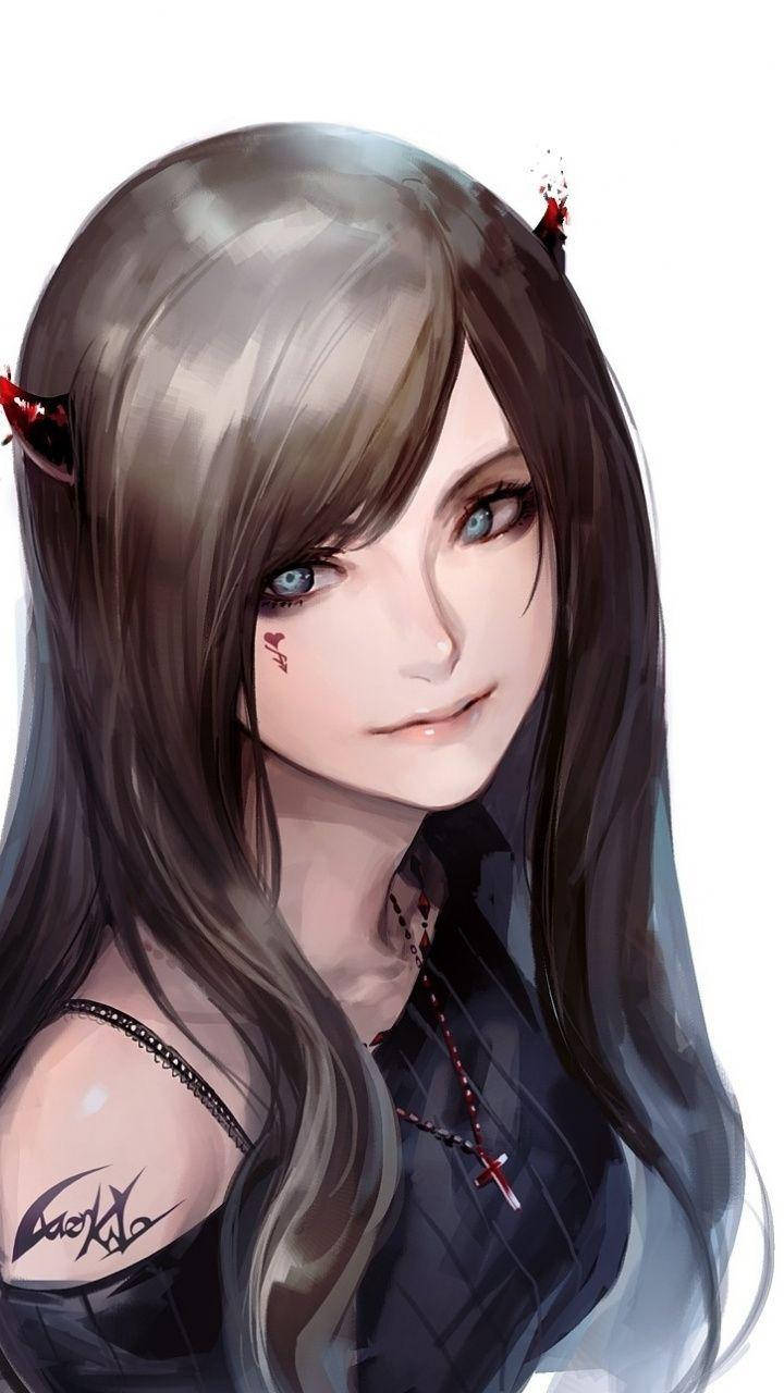 Cool Demon 桌布 壁紙 — 一個風格化的動漫女孩，長著深色長髮和小小的紅色角，在純白色背景上柔和地凝視。