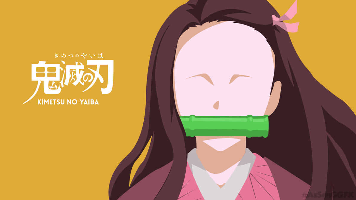 桌布 壁紙 — 一個風格化的動漫女孩，長著深色長髮，戴著綠色竹製口枷，在純芥末黃色背景上微笑。