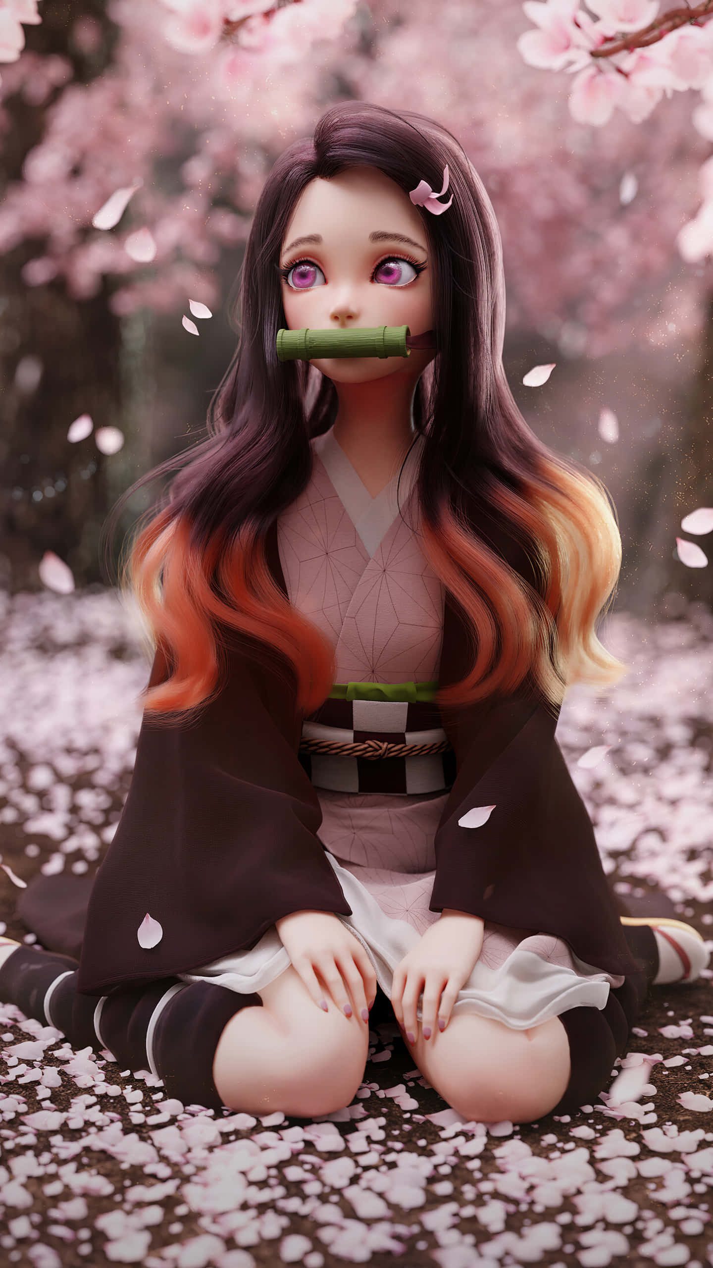 Cool Nezuko 桌布 壁紙 — 一個風格化的動漫女孩，長著漸變長髮，坐在盛開的櫻花下，拿著一個竹製口塞。