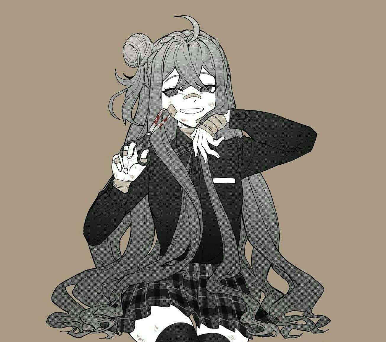 動漫 桌布 壁紙 — 一個風格化的動漫女孩，長著灰色長髮，穿著校服，手持一把血淋淋的刀，露出頑皮的笑容。
