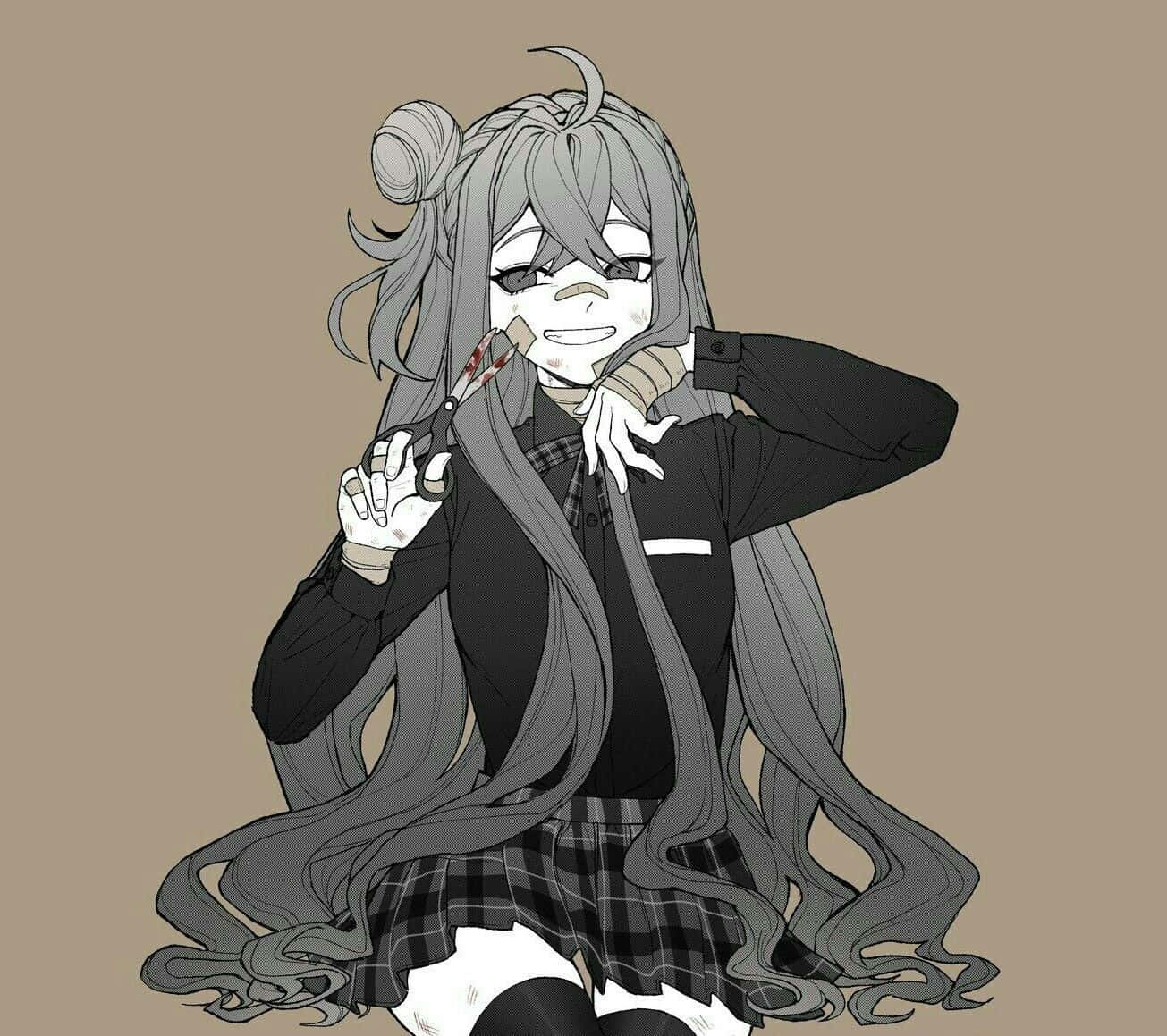 桌布 壁紙 — 一個風格化的動漫女孩，長著灰色長髮，穿著校服，手持帶血的剪刀，露出頑皮的笑容。