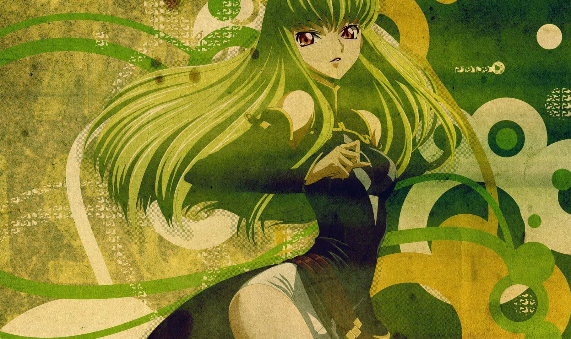 Code Geass C.c. 桌布 壁紙 — 一個風格化的動漫女孩，長著綠色長髮和紅色眼睛，坐在旋轉的綠色和黃色抽象圖案中。