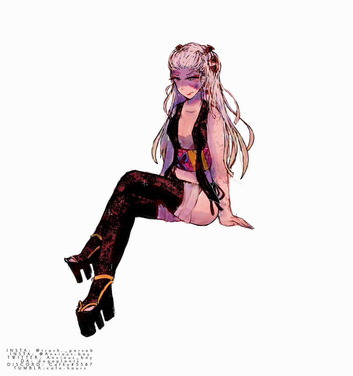 動漫 桌布 壁紙 — 一個風格化的動漫女孩，長著蒼白的長髮和深色蕾絲緊身褲，以放鬆的姿勢坐在純白色背景前。