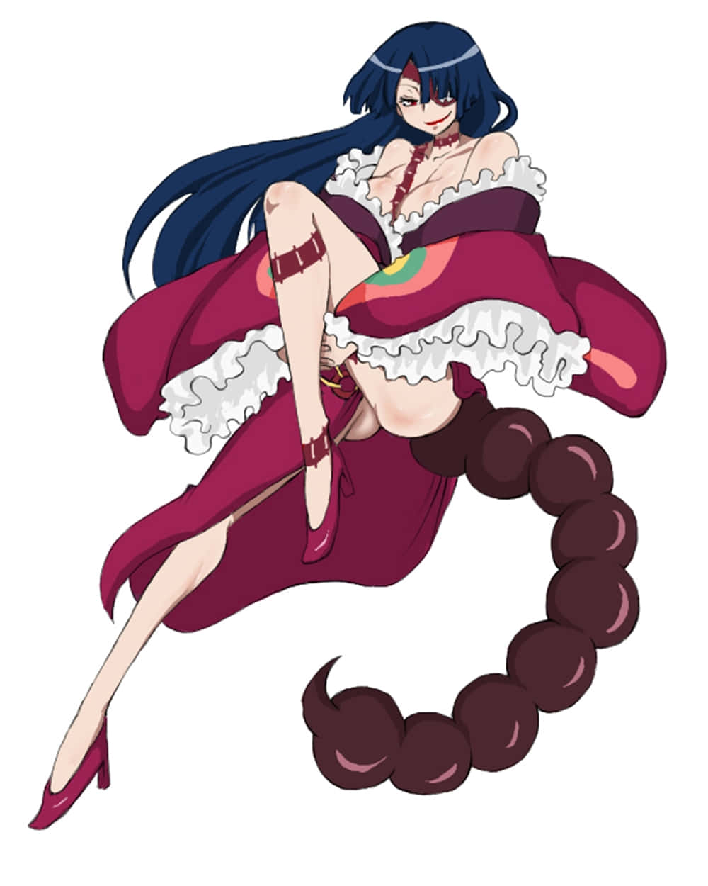 Gurren Lagann Adiane 桌布 壁紙 — 一個風格化的動漫女孩，長著藍色長髮和蠍子尾巴，穿著帶有白色荷葉邊和紅色高跟鞋的栗色連衣裙。