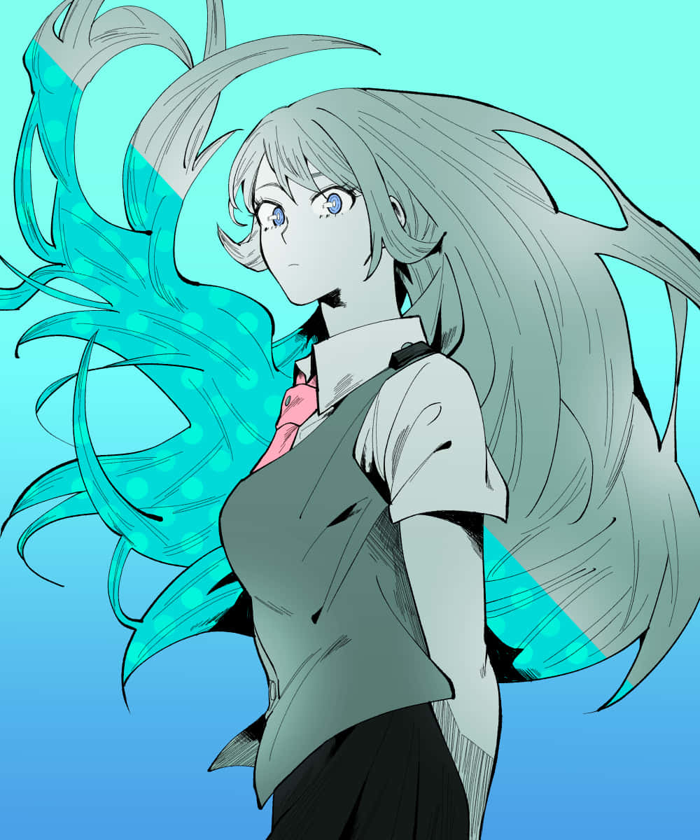 Nejire Hado 桌布 壁紙 — 一個風格化的動漫女孩，長著銀色長髮和藍色眼睛，穿著校服，背景是漸層青綠色。