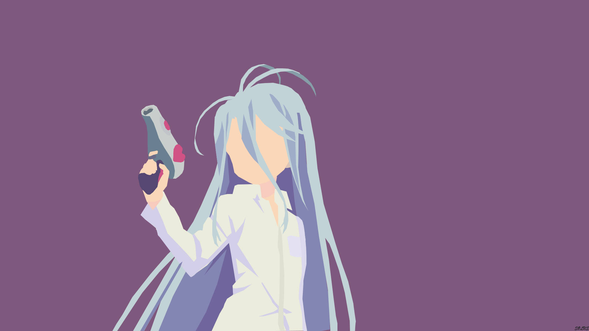 game 桌布 壁紙 — 一個風格化的動漫女孩，長著銀色長髮，手持槍支，背景為純紫色。
