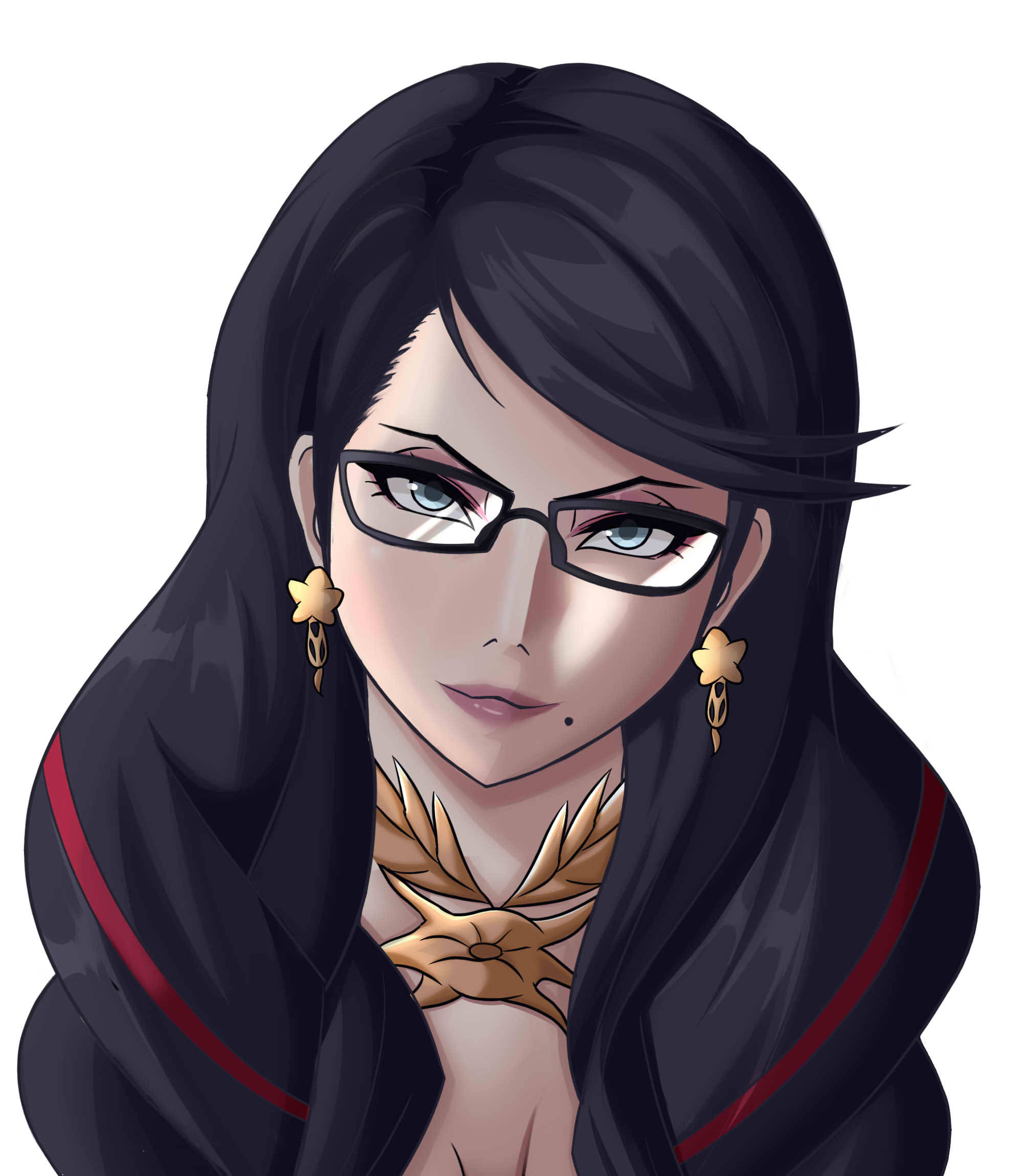 Bayonetta 桌布 壁紙 — 一個風格化的動漫女孩，長著黑色長髮和眼鏡，穿著帶紅色邊飾的深色斗篷和金色翅膀項鍊。