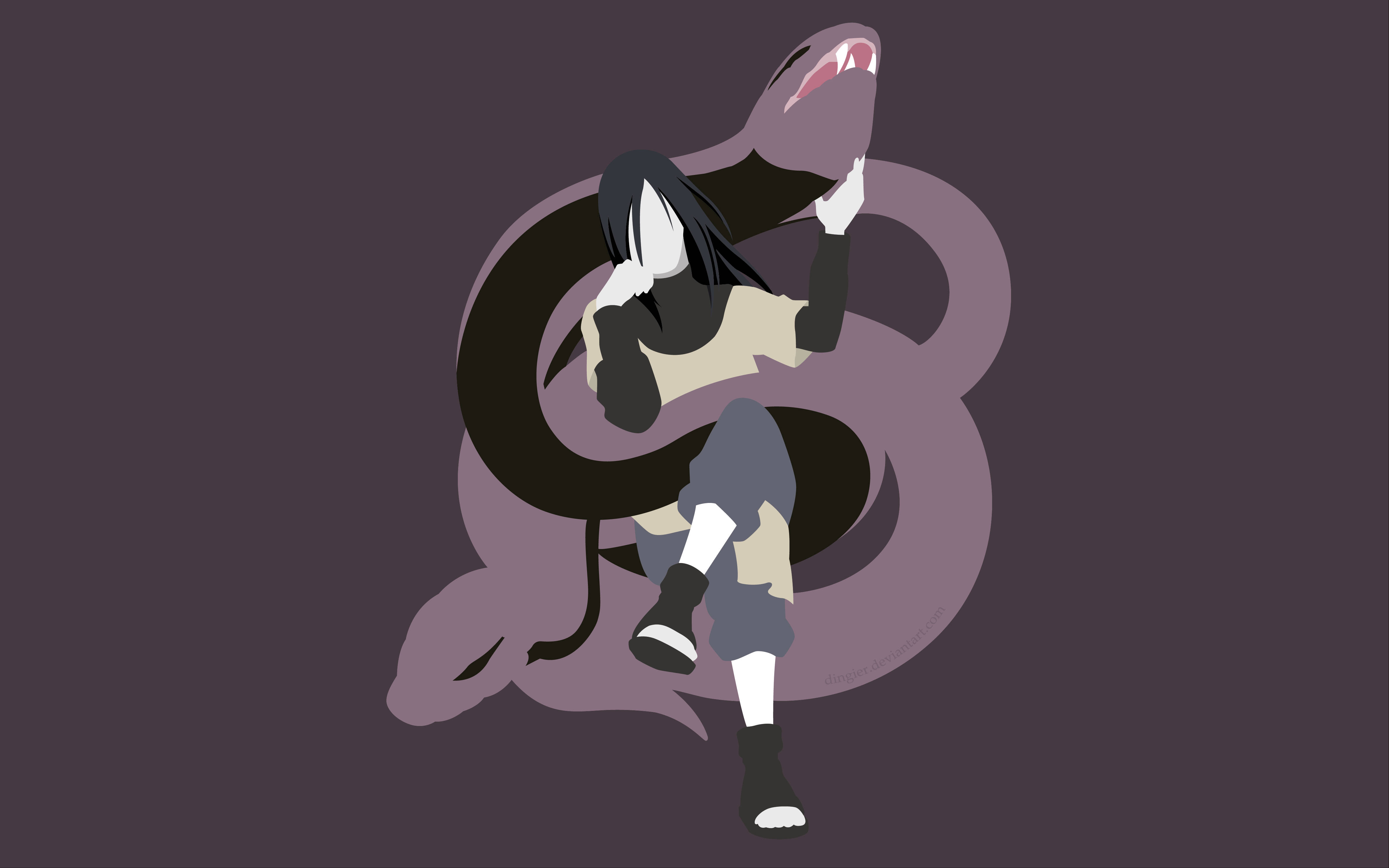 Orochimaru 桌布 壁紙 — 一個風格化的動漫女孩，長著黑色長髮，坐在一條張開大嘴的紫色大蛇上，背景是深紫色。