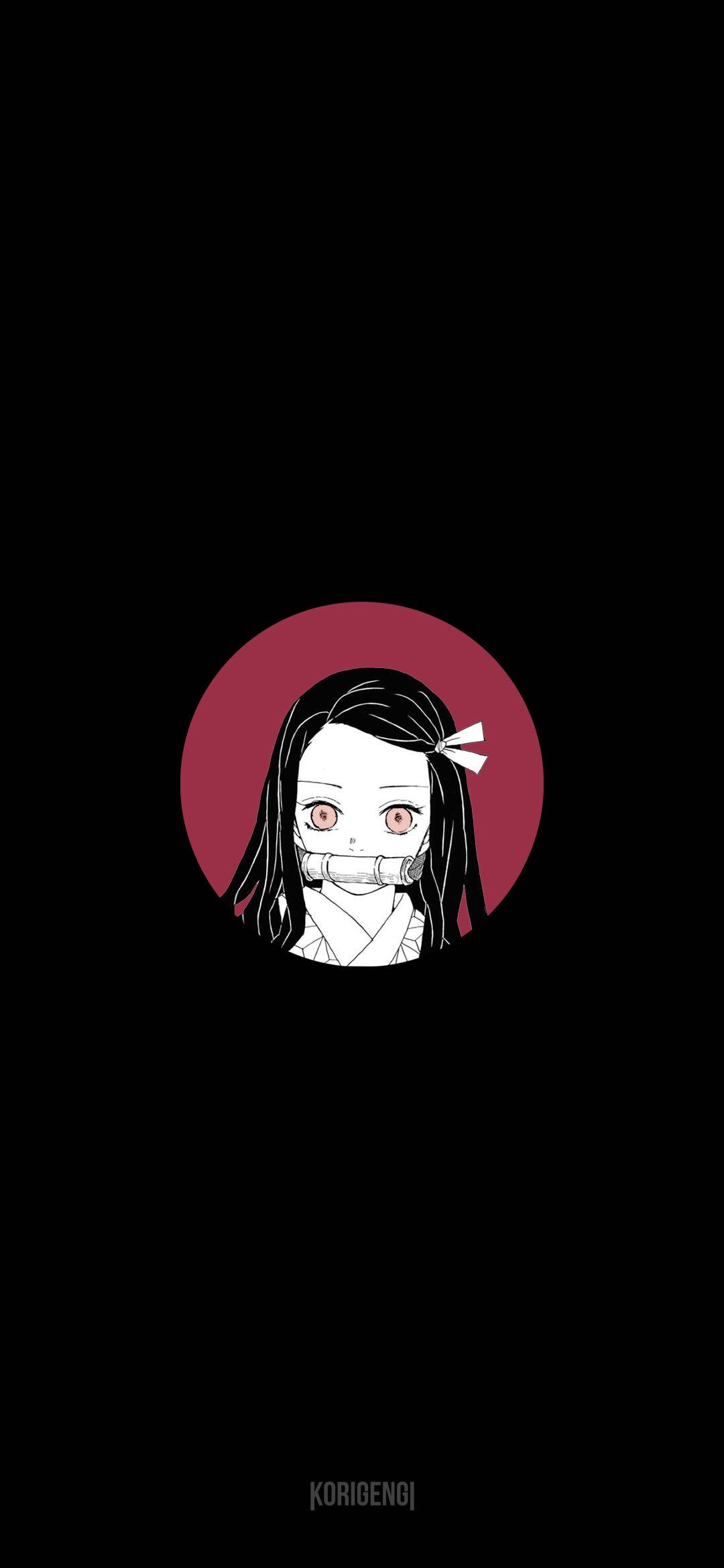 禰豆子 桌布 壁紙 — 一個風格化的動漫女孩，長著黑色長髮和紅色眼睛，從黑色背景上的紅色圓圈中凝視。