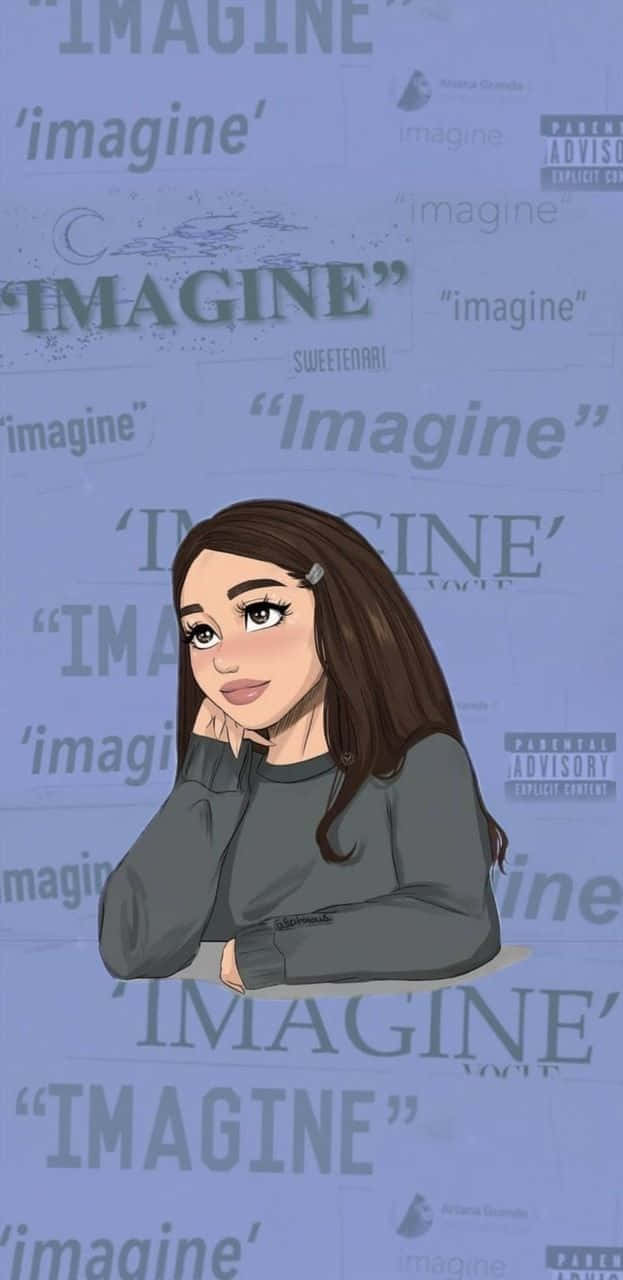 Ariana Grande Aesthetic 桌布 壁紙 — 一個風格化的動漫女孩，長長的棕色頭髮，將下巴擱在手上，背景是藍色，充滿重複的「imagine」文字和家長指引標籤。