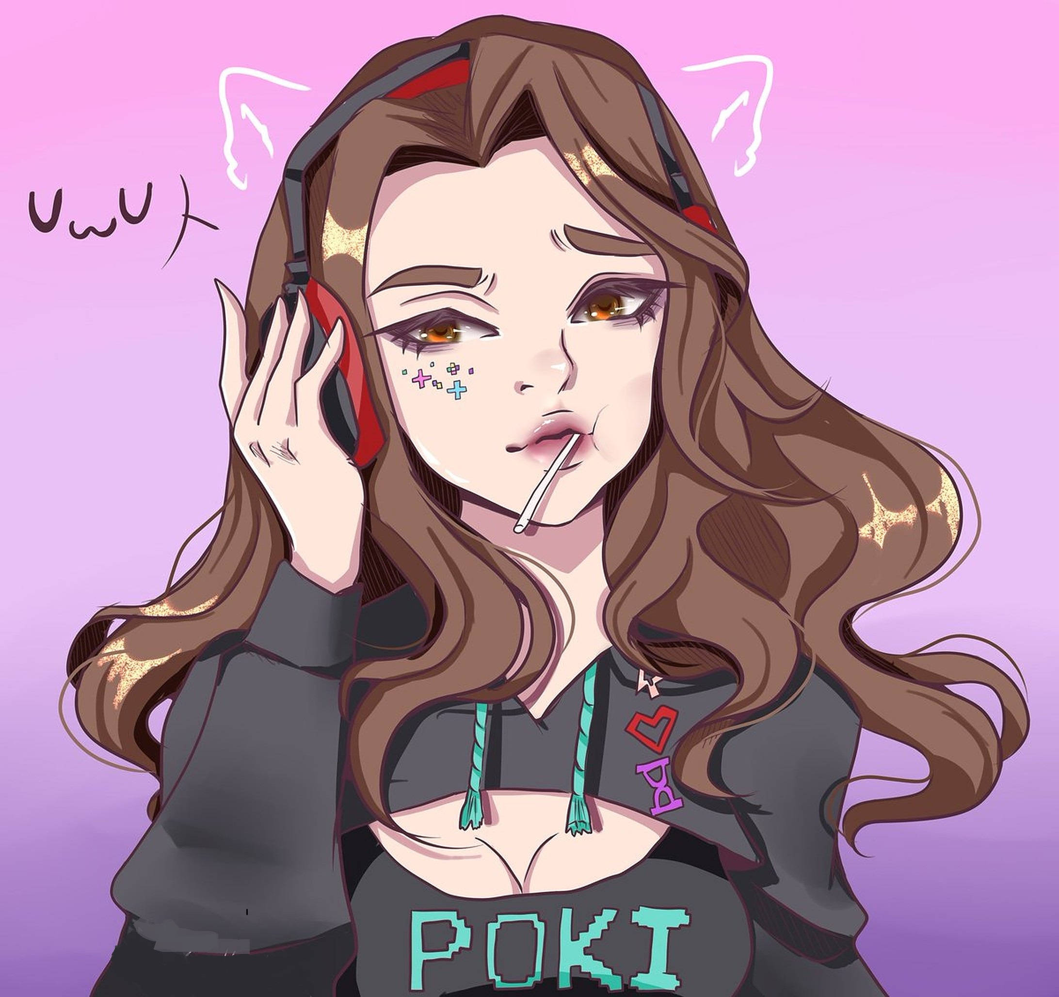 pokimane 桌布 壁紙 — 一個風格化的動漫女孩，長長的棕色頭髮和貓耳，戴著紅色耳機聽音樂，同時拿著一支煙。