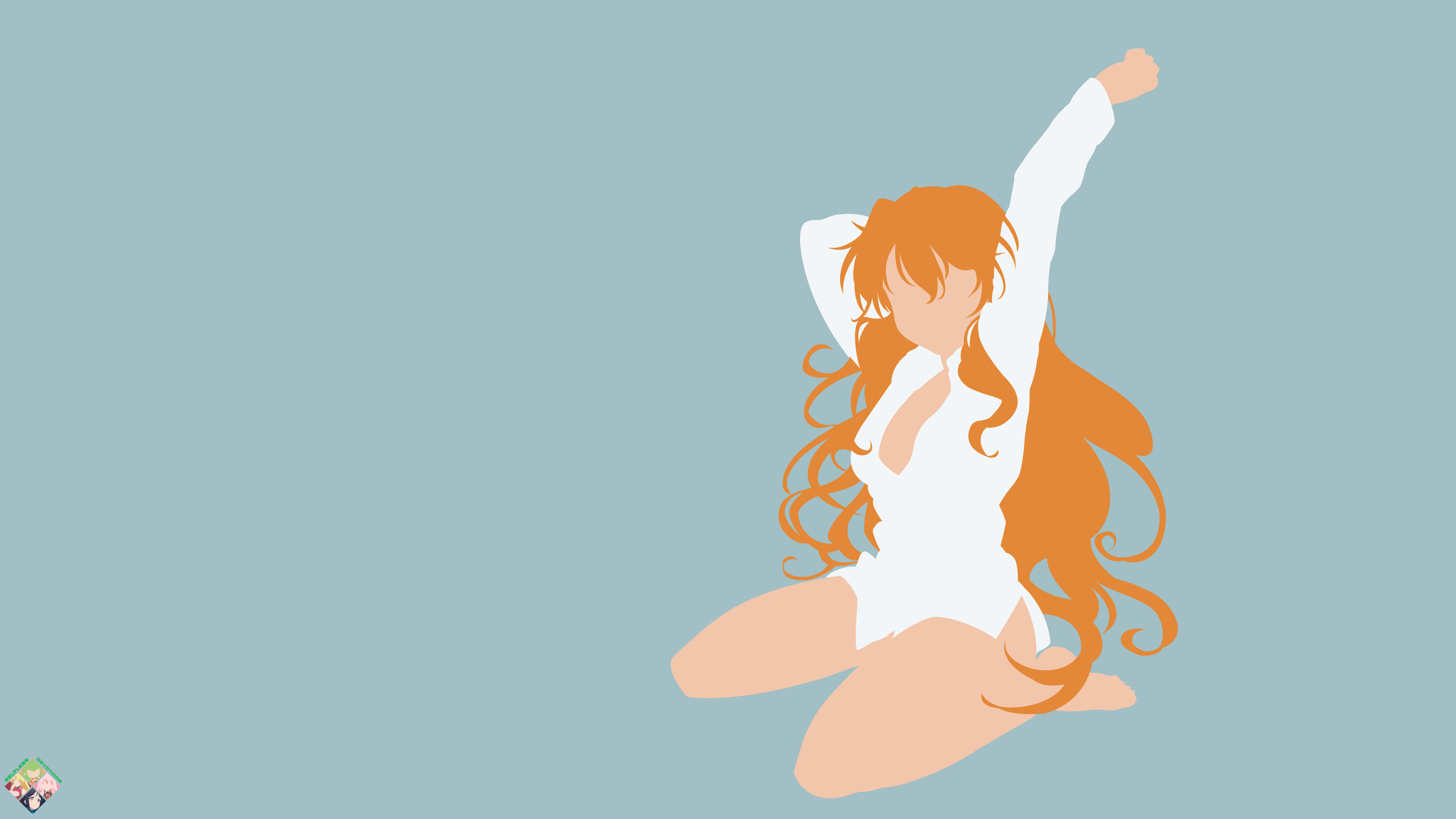 Silhouette 桌布 壁紙 — 一個風格化的動漫女孩，長長的橙色頭髮，穿著白色衣服，在柔和的藍色背景前開心地伸展。