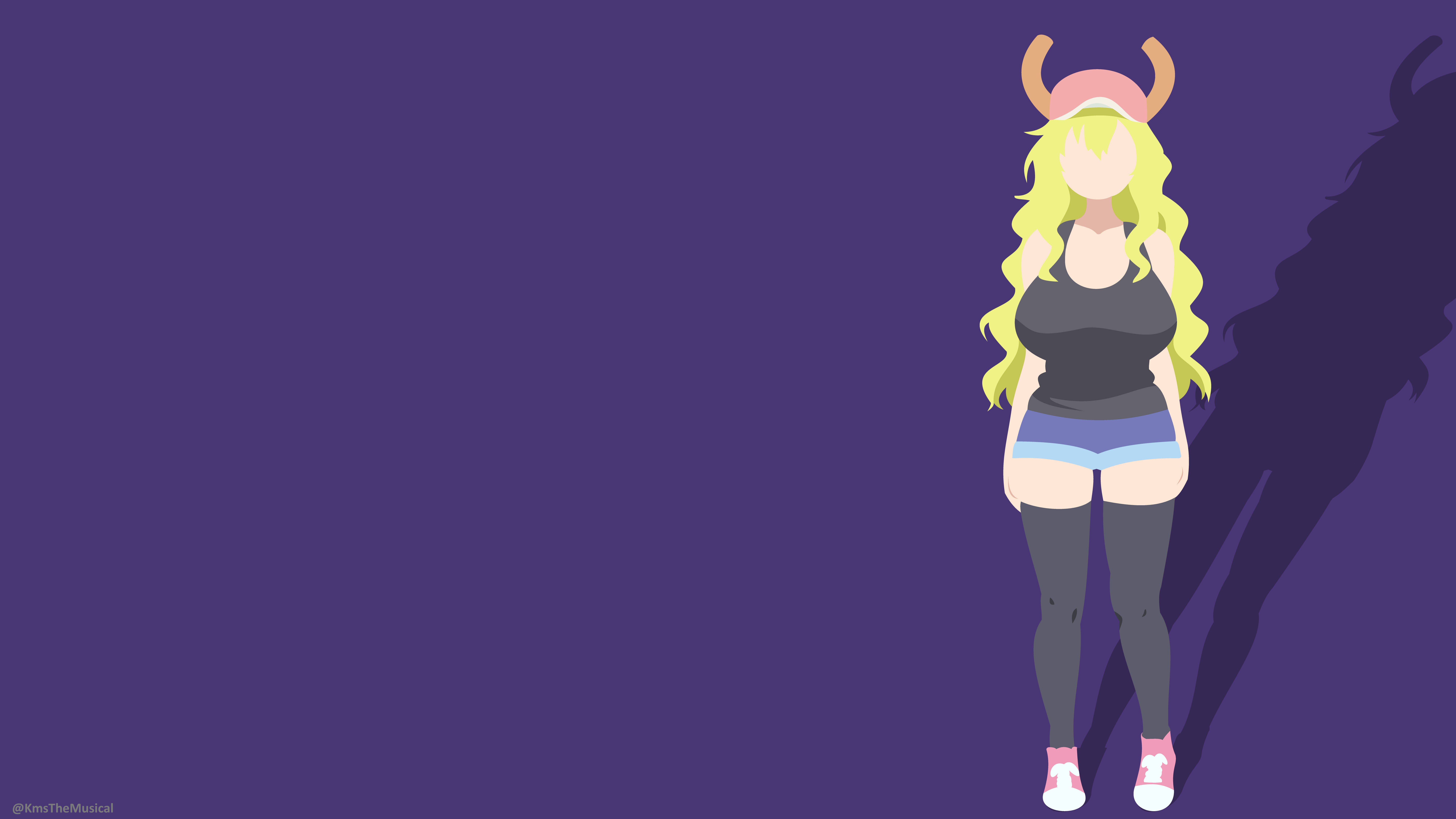 Lucoa 桌布 壁紙 — 一個風格化的動漫女孩，長長的金色頭髮和粉紅色的角，站在純紫色背景上，投下深色陰影。