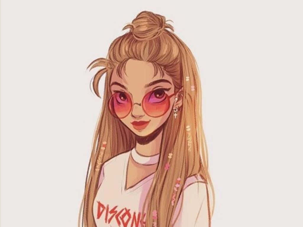 動漫女孩 桌布 壁紙 — 一個風格化的動漫女孩，長長的金髮和粉紅色太陽眼鏡，微笑著穿著一件帶有紅色文字的白色T恤。