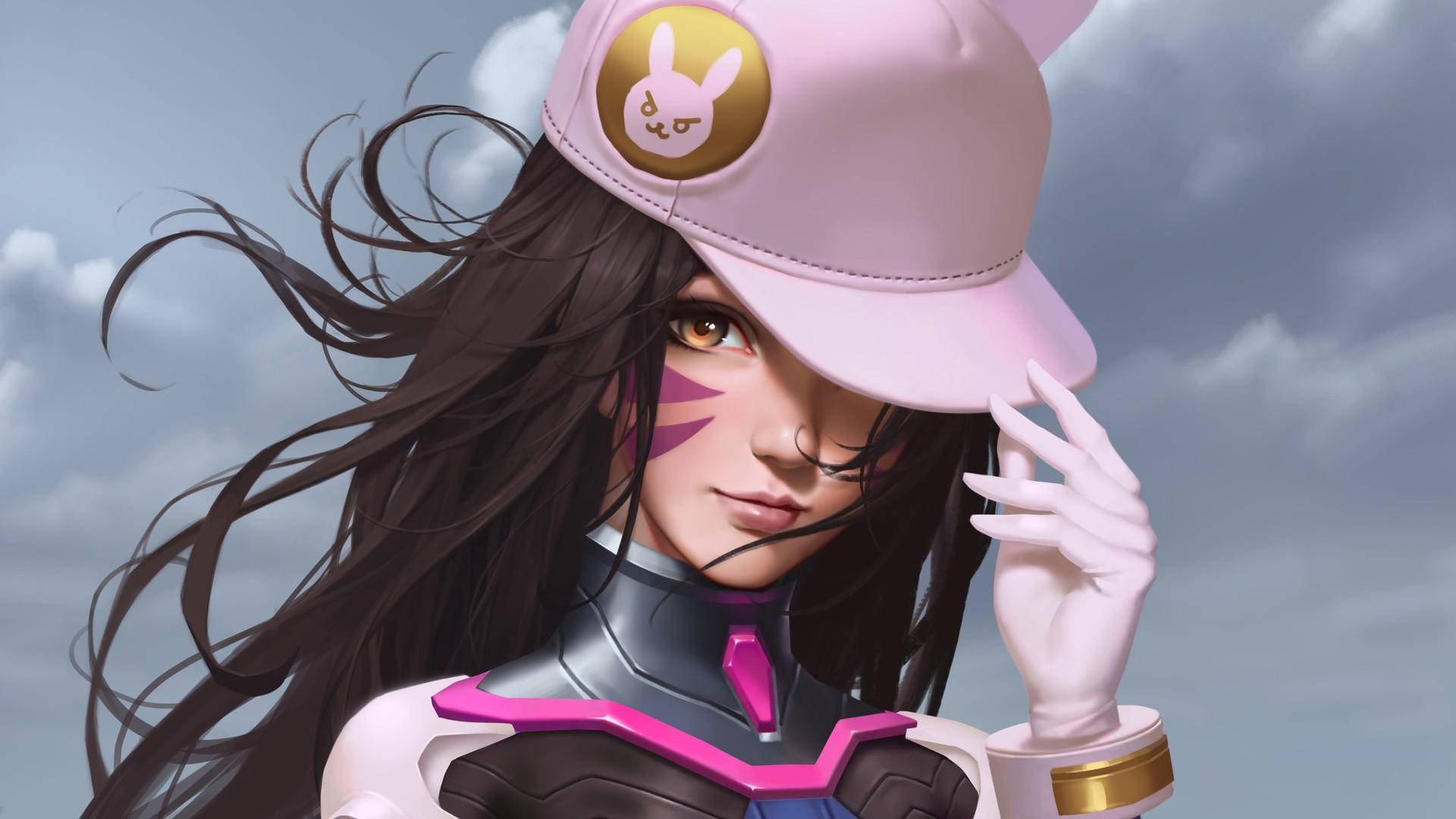 電玩遊戲 桌布 壁紙 — 一個風格化的動漫女孩，長長的黑髮，戴著帶有兔子標誌的粉紅色帽子，在陰天凝視前方。