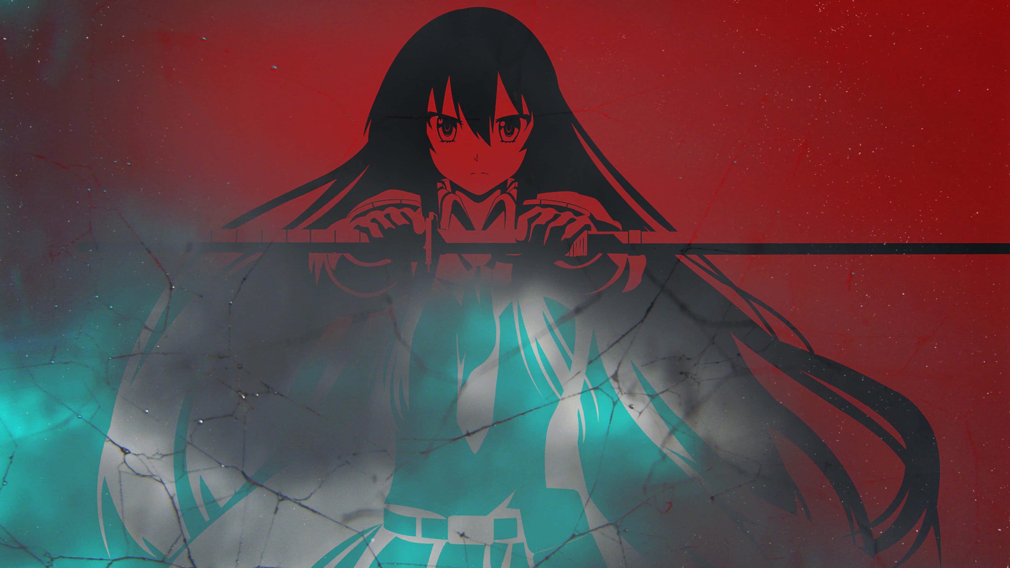 Akame Ga Kill 4K 桌布 壁紙 — 一個風格化的動漫女孩，長長的黑髮，在裂開的紅色和青綠色背景中握著一把發光的劍。