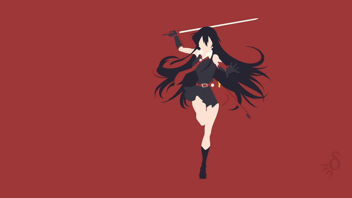 akame 桌布 壁紙 — 一個風格化的動漫女孩，長長的黑髮，在純紅色背景上揮舞著劍。