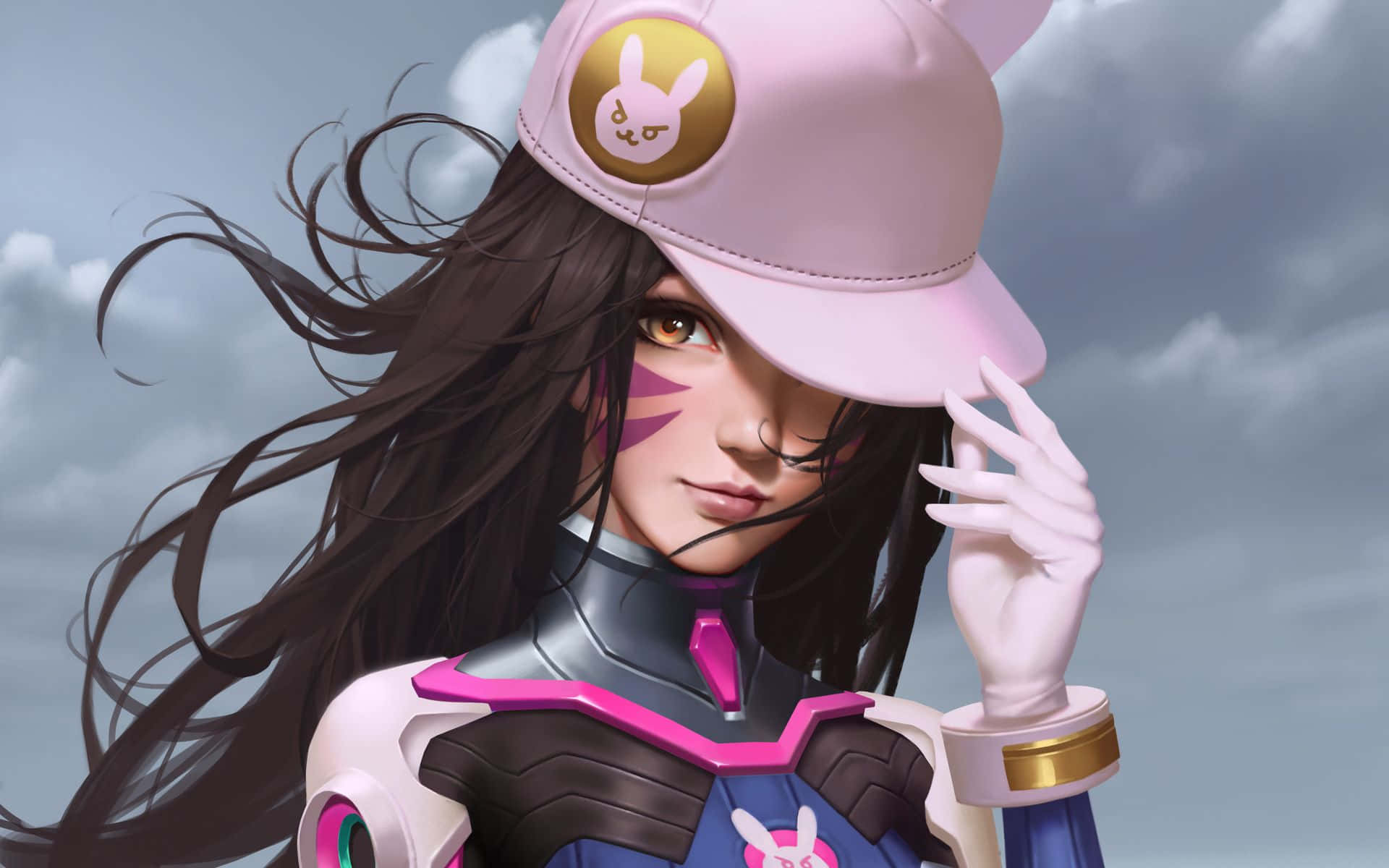 Overwatch D.va 桌布 壁紙 — 一個風格化的動漫女孩，長長的黑髮和粉紅色的兔子帽，在陰天調整她的護目鏡。