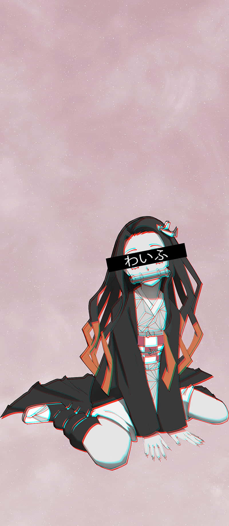桌布 壁紙 — 一個風格化的動漫女孩，長長的黑髮，盤腿坐在柔和的粉紅色漸變背景上，帶有故障效果和眼睛上的日文字。