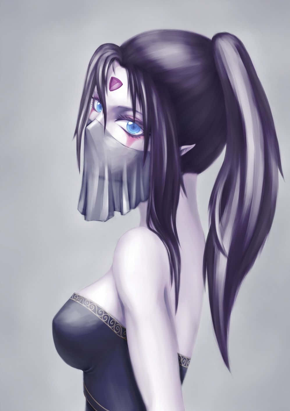 Templar Assassin 桌布 壁紙 — 一個風格化的動漫女孩，長長的黑髮和藍色的眼睛，在純灰色背景前戴著半透明的面紗。
