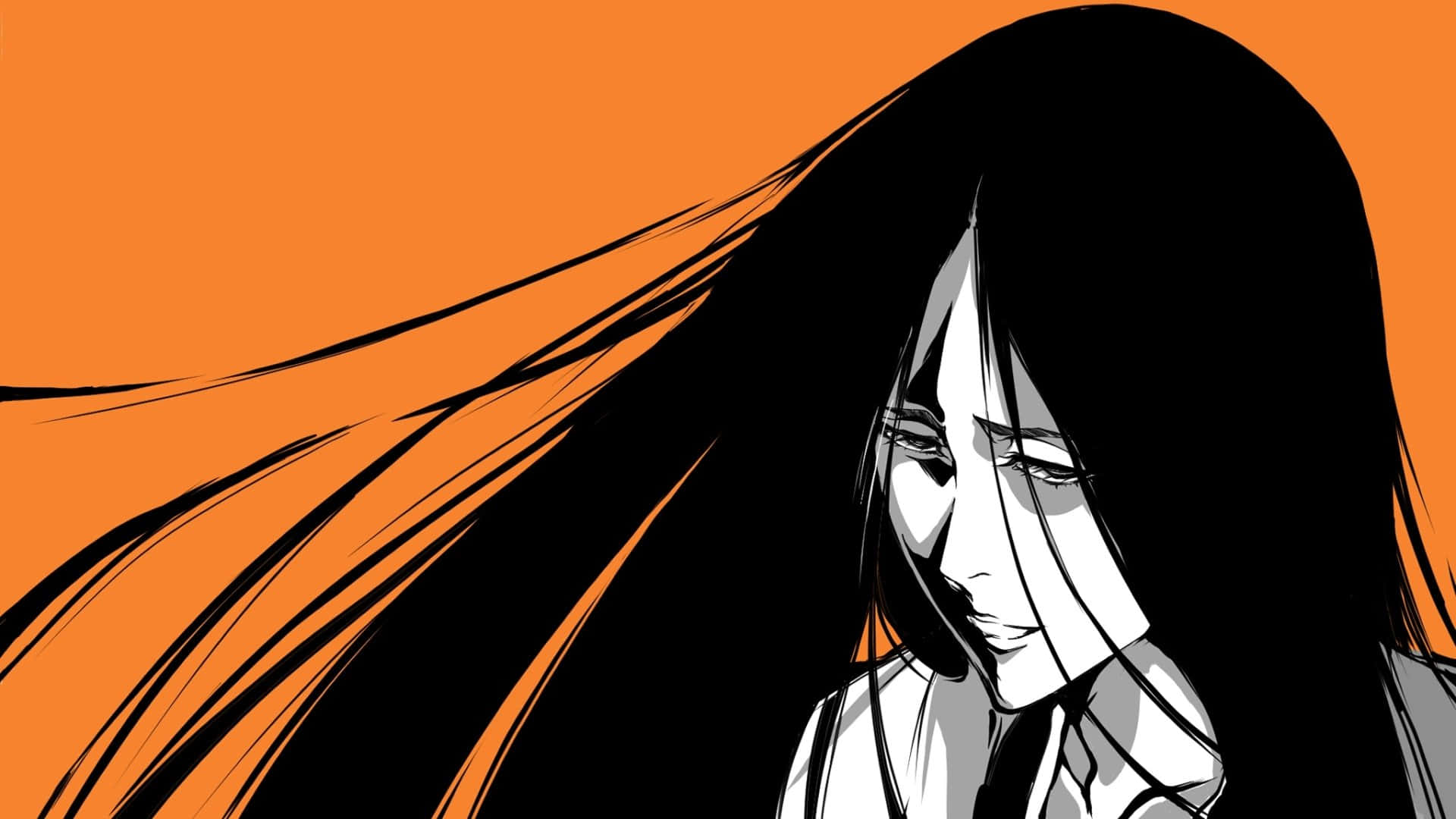 Retsu Unohana 桌布 壁紙 — 一個風格化的動漫女孩，長長的黑髮和閉上的眼睛，背景是鮮豔的橙色。